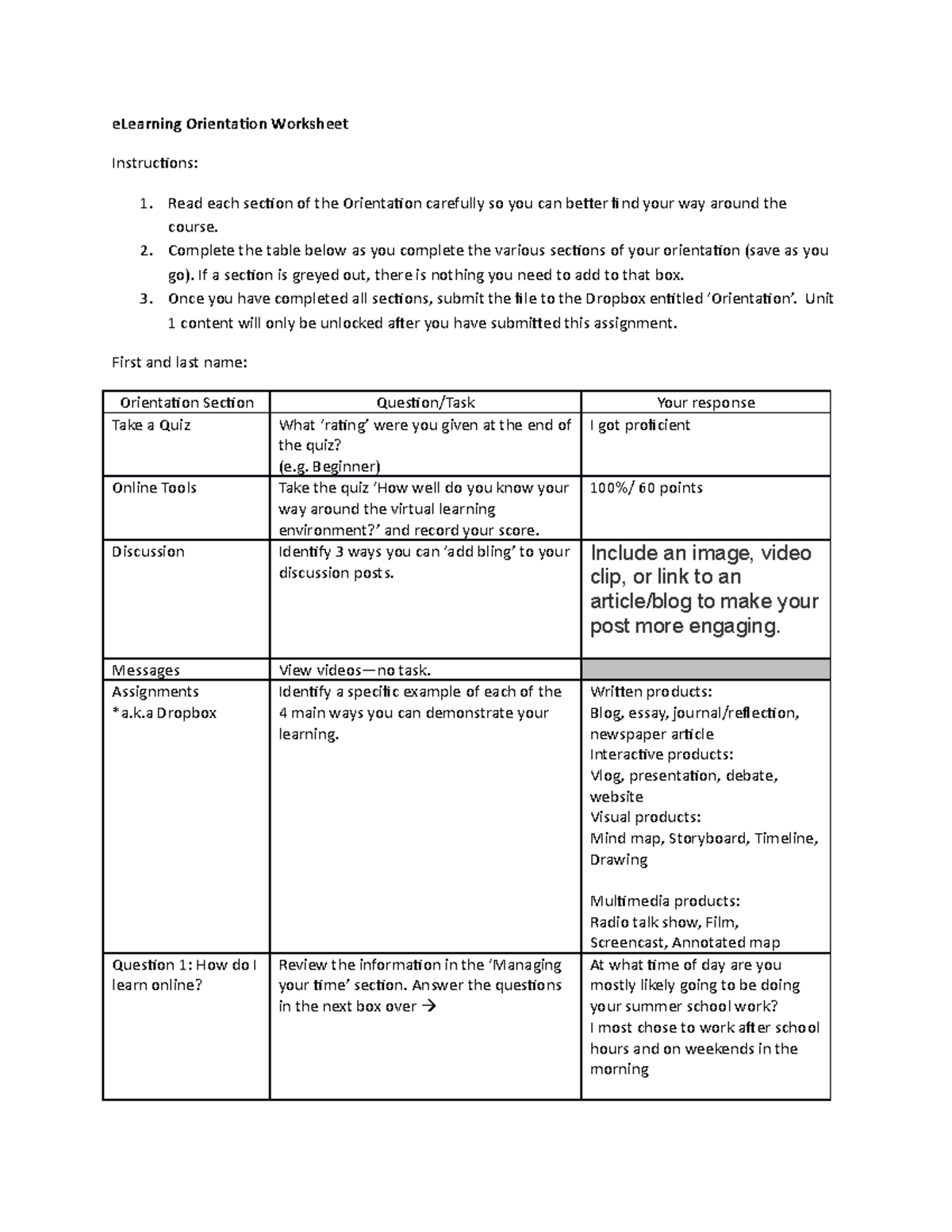 E Learning+Orientation+Worksheet+ - eLearning Orientation Worksheet ...