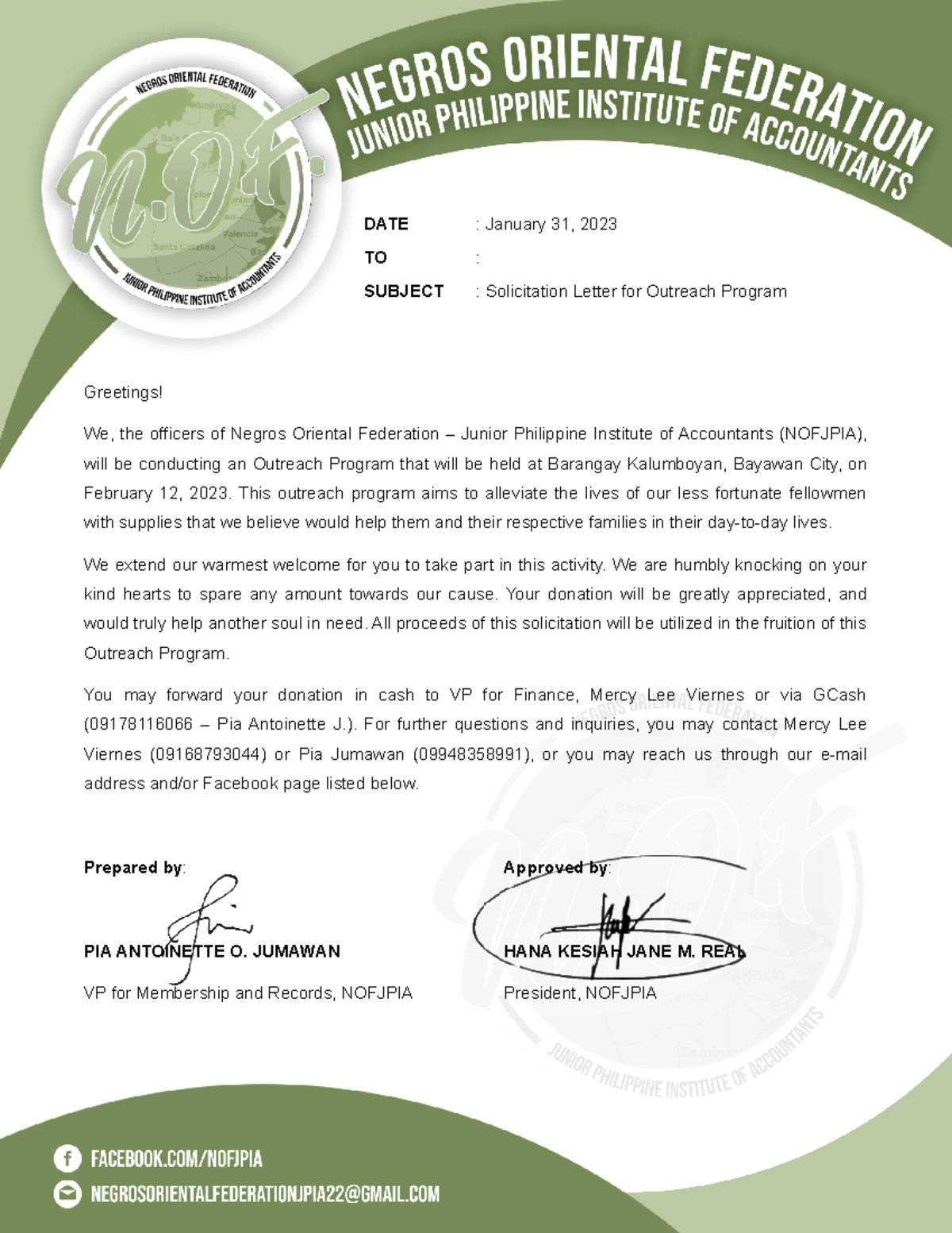 Solicitationletter . DATE January 31, 2023 TO SUBJECT