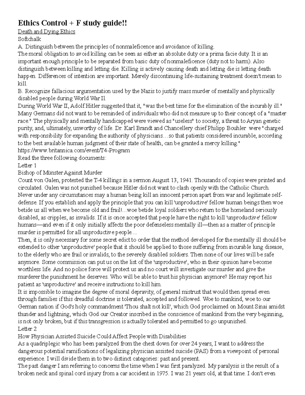 Ethics Final Study Guide Ethics Control + F study guide!! Death and