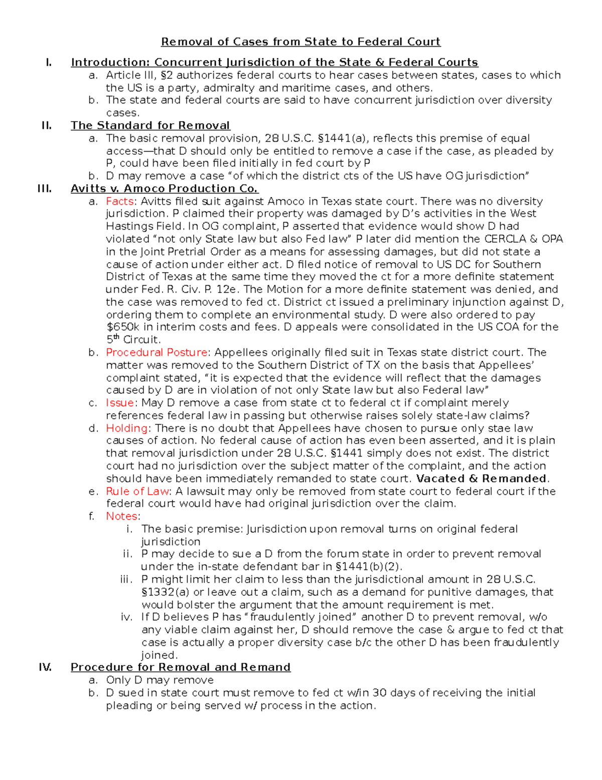 Class 5 Removal of Cases from State to Federal Court Removal of