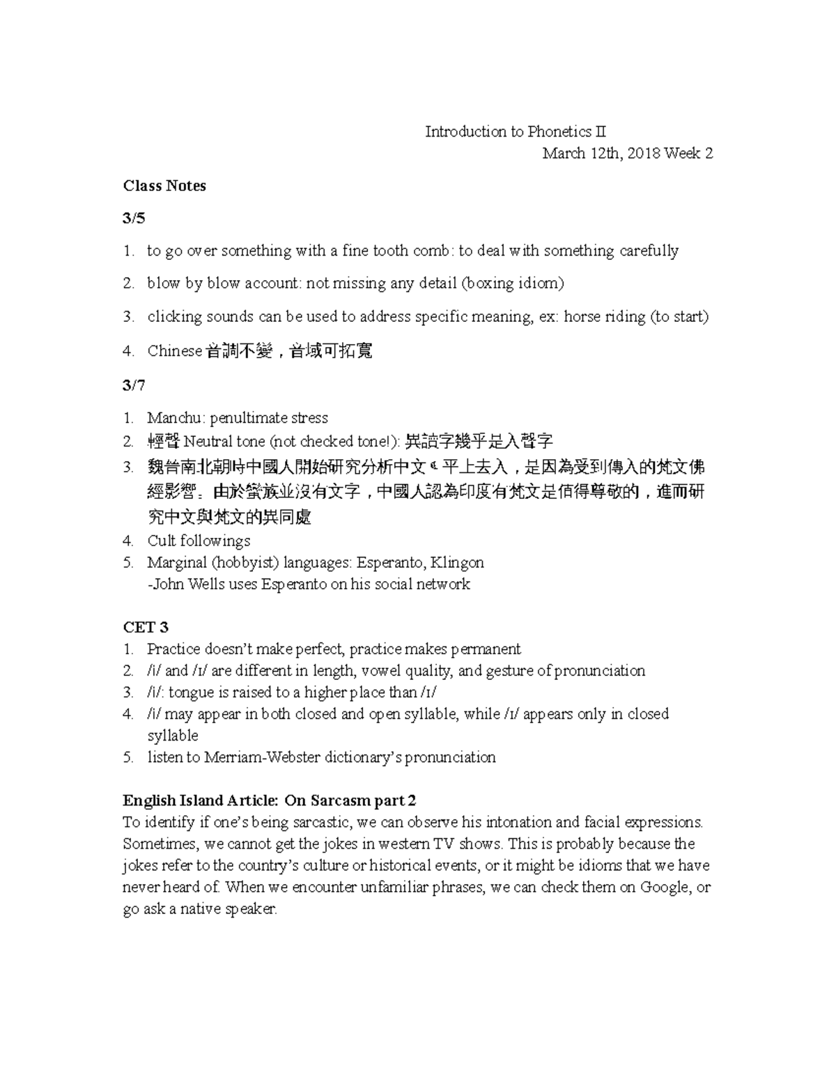 N IP notes week2 - Introduction to Phonetics II March 12th, 2018 Week 2 ...