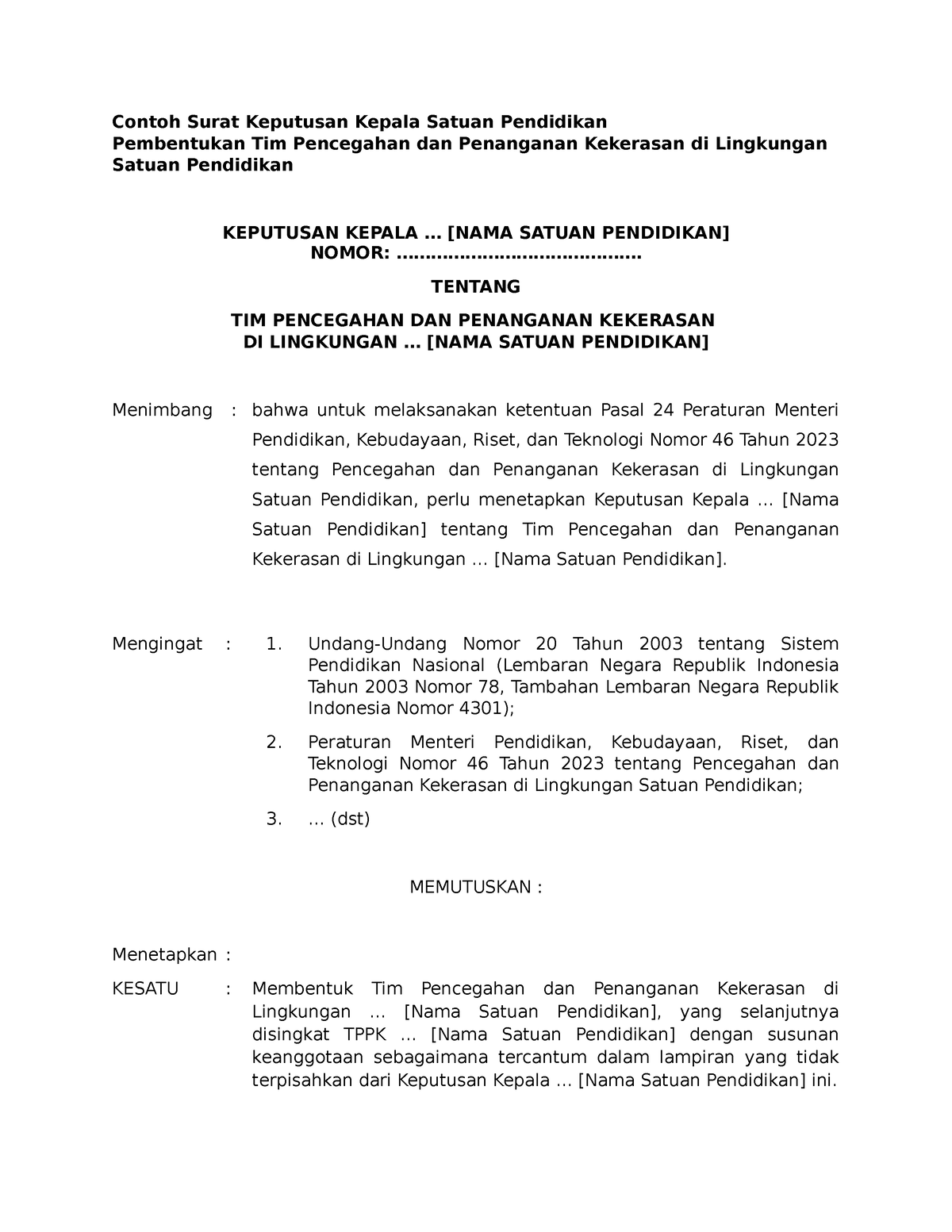 Contoh SK TPPK - Contoh Surat Keputusan Kepala Satuan Pendidikan