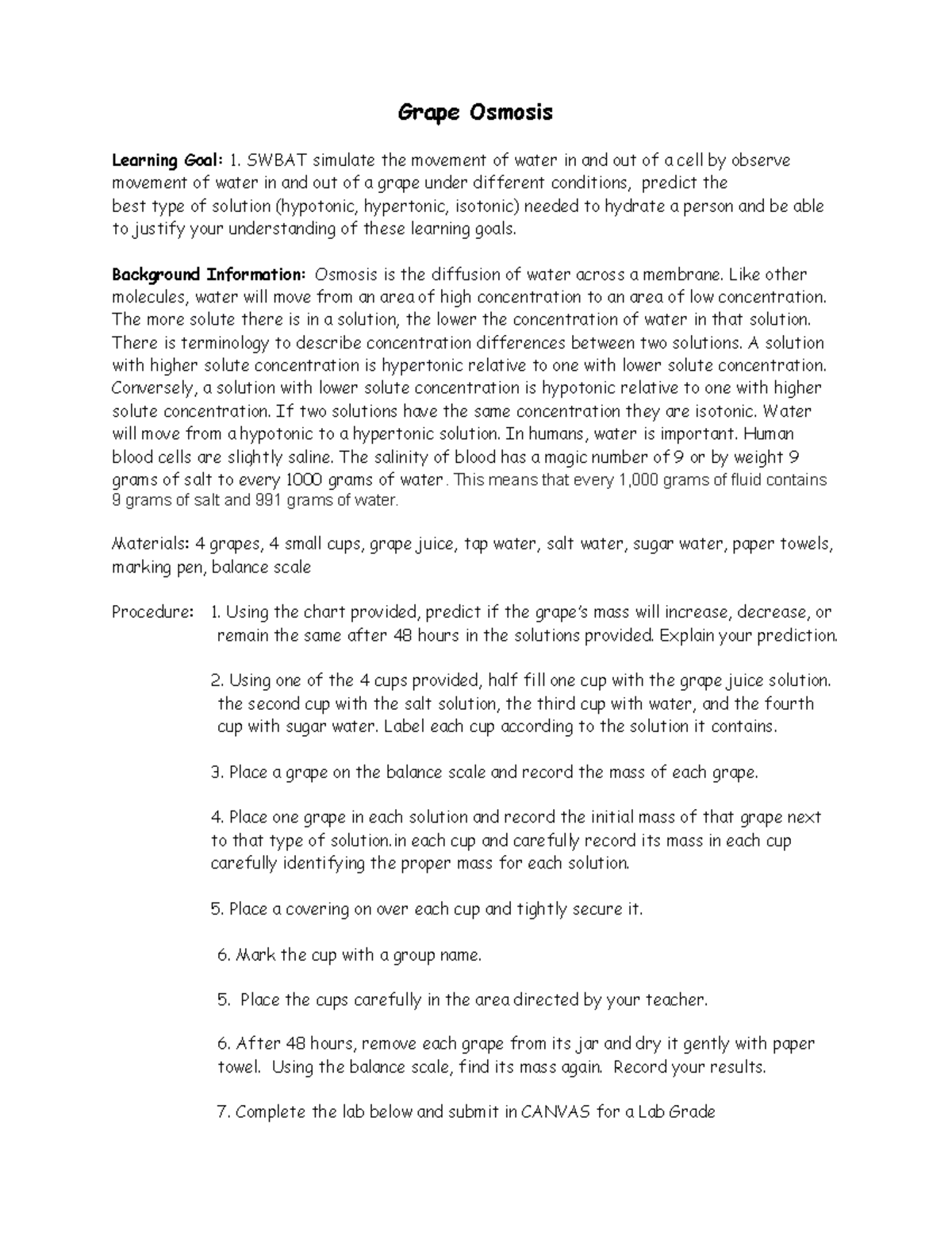 Grape Osmosis Lab Studocu