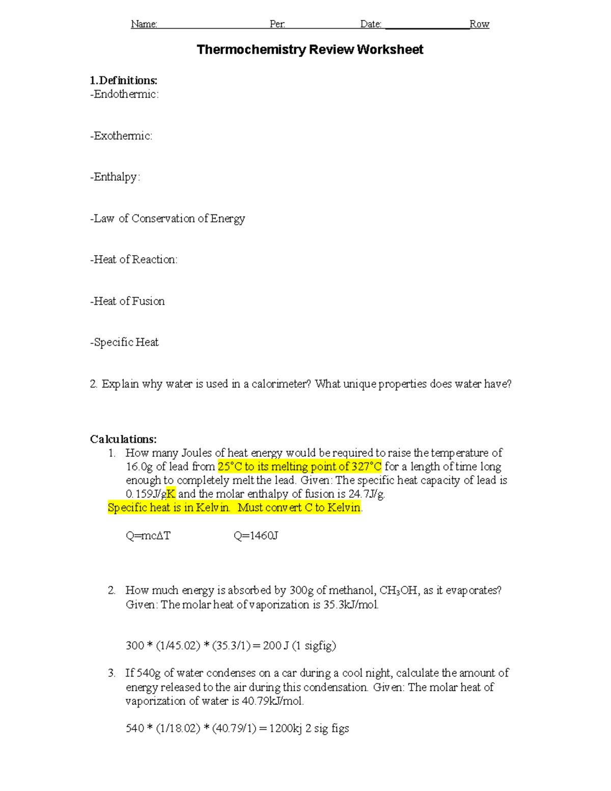 Thermochemistry Review Worksheet Answers