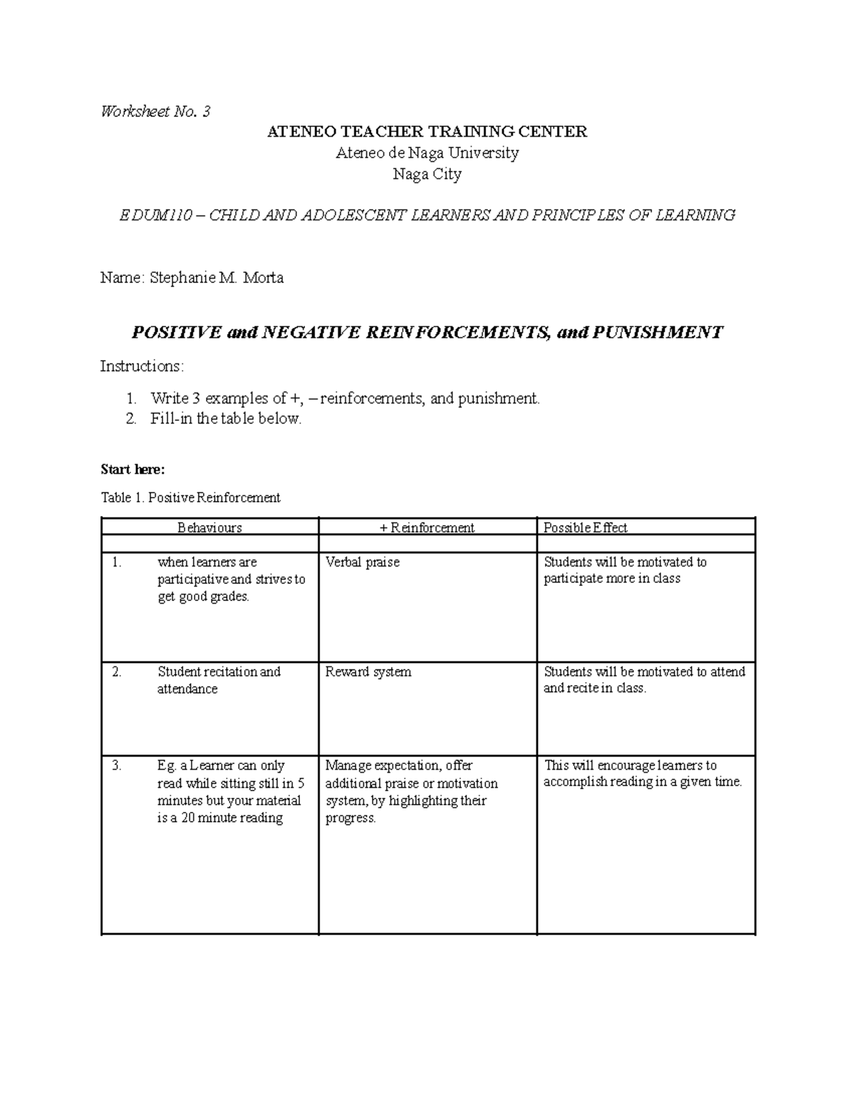 Stephanie Morta Worksheet No 3 Positive and Negative Reinforcement ...