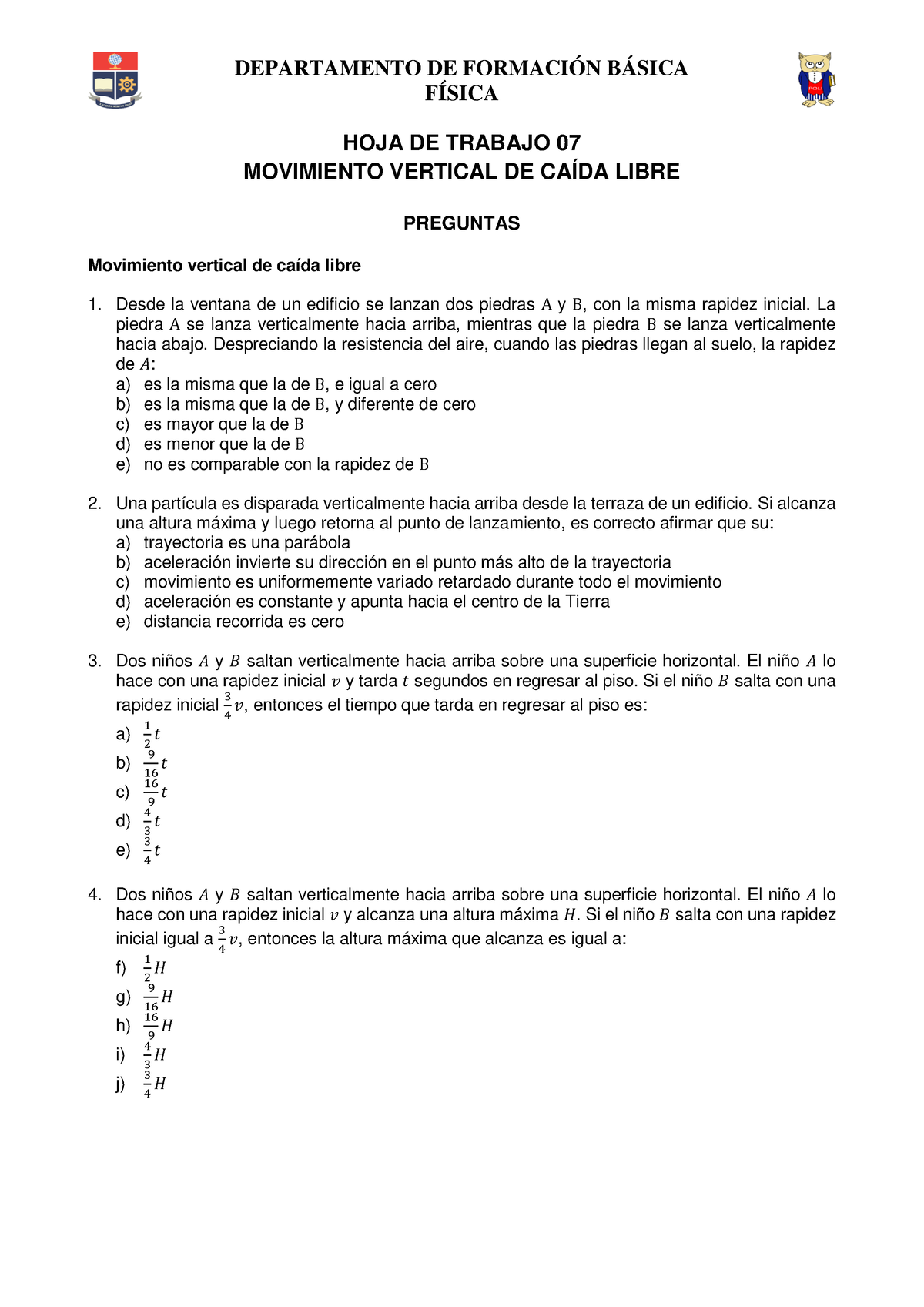 Hoja De Trabajo 07 - Movimiento Vertical De Caída Libre - DEPARTAMENTO ...