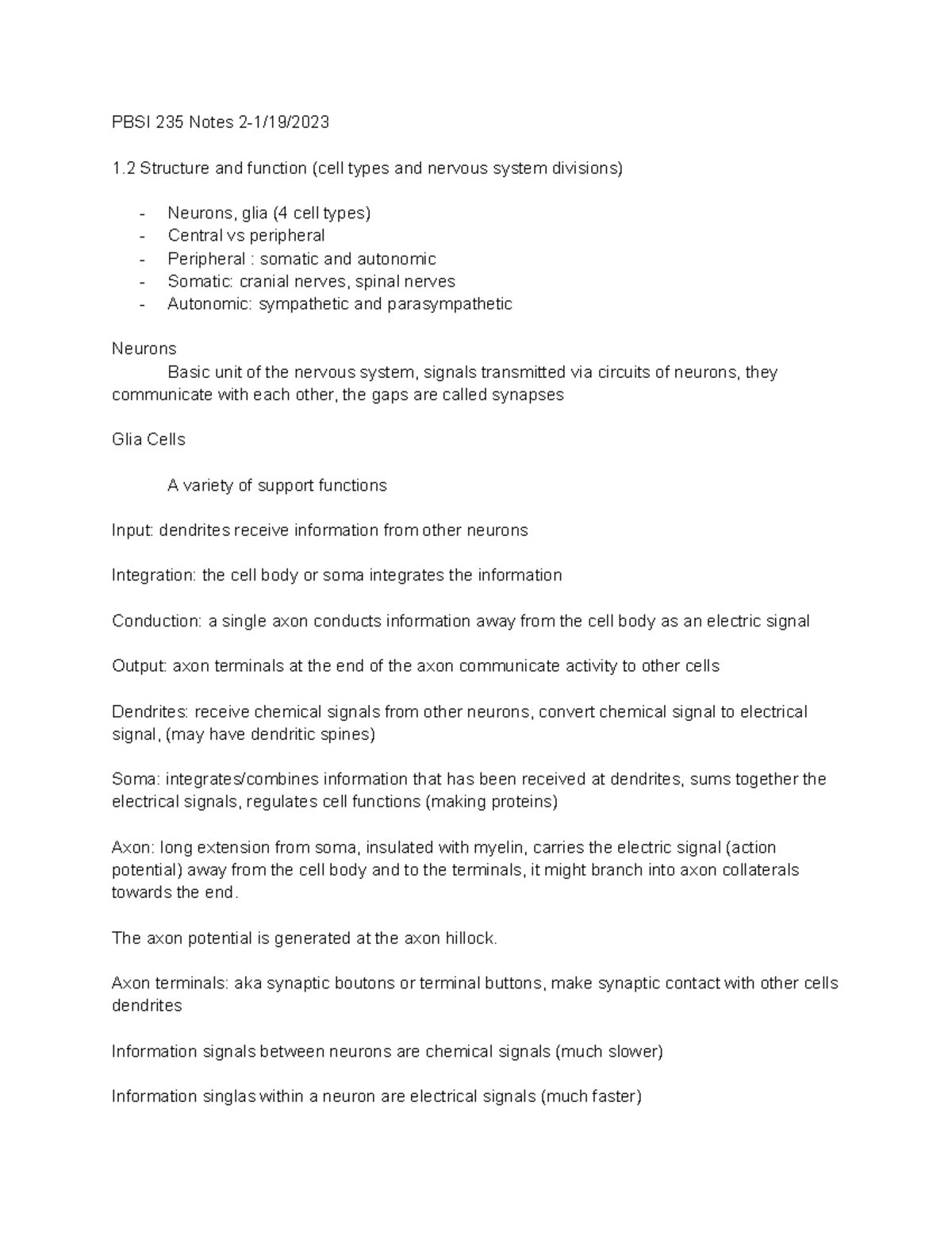 bio Notes 2-1 19 2023 - PBSI 235 Notes 2-1/19/ 1 Structure and function ...