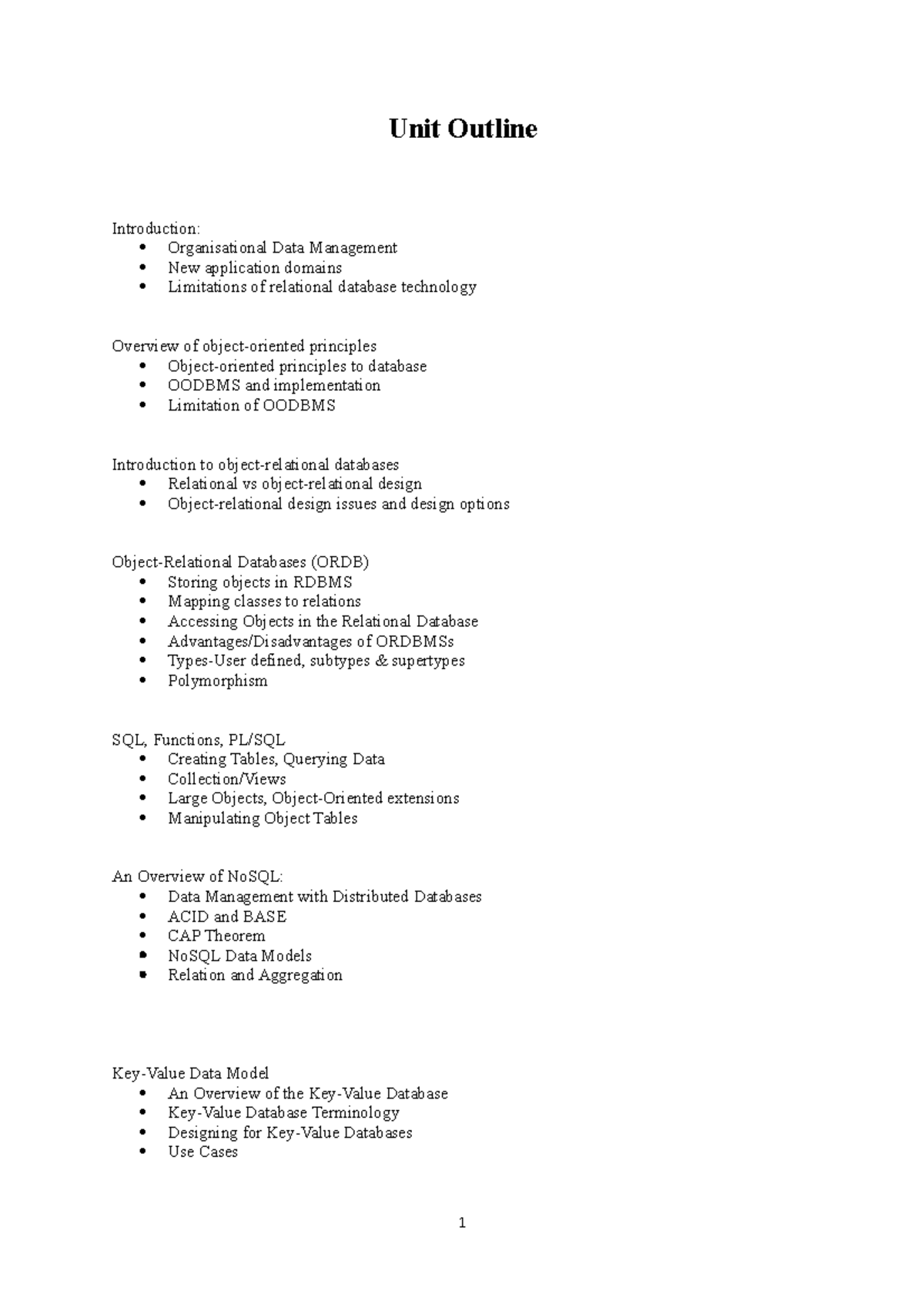 Subject Outlines (Draft) - Unit Outline Introduction: Organisational ...