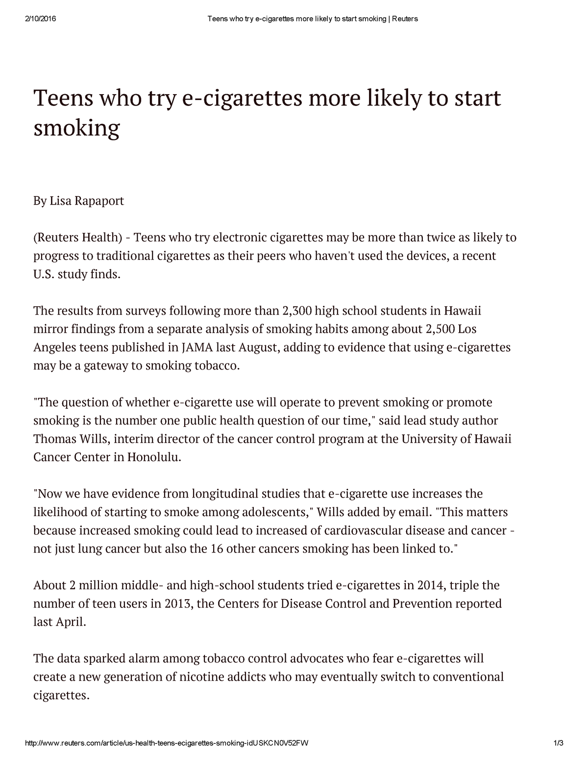 Document Teens who try e cigarettes more likely to start smoking