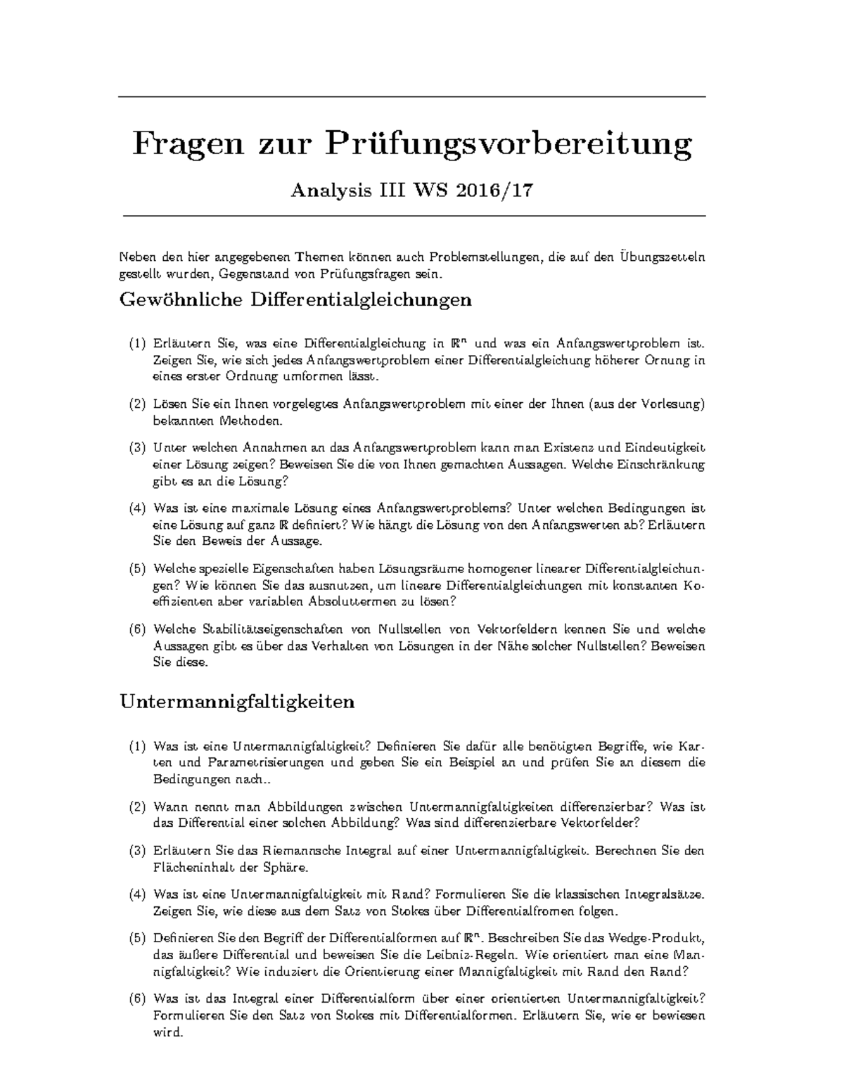 Fragen Zur Praktischen Prüfung Baselland Ana3 fragen Kramer - Fragen zur Pr ̈ufungsvorbereitung Analysis III WS