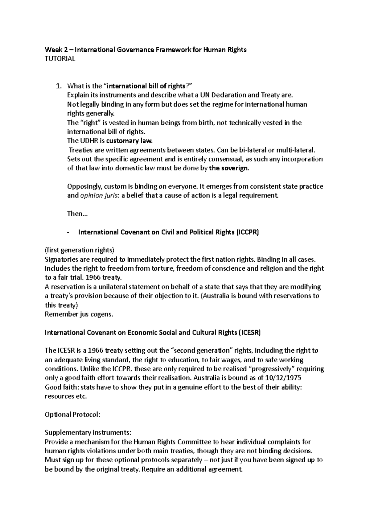 Week 2 - week 2 notes - Week 2 – International Governance Framework for ...