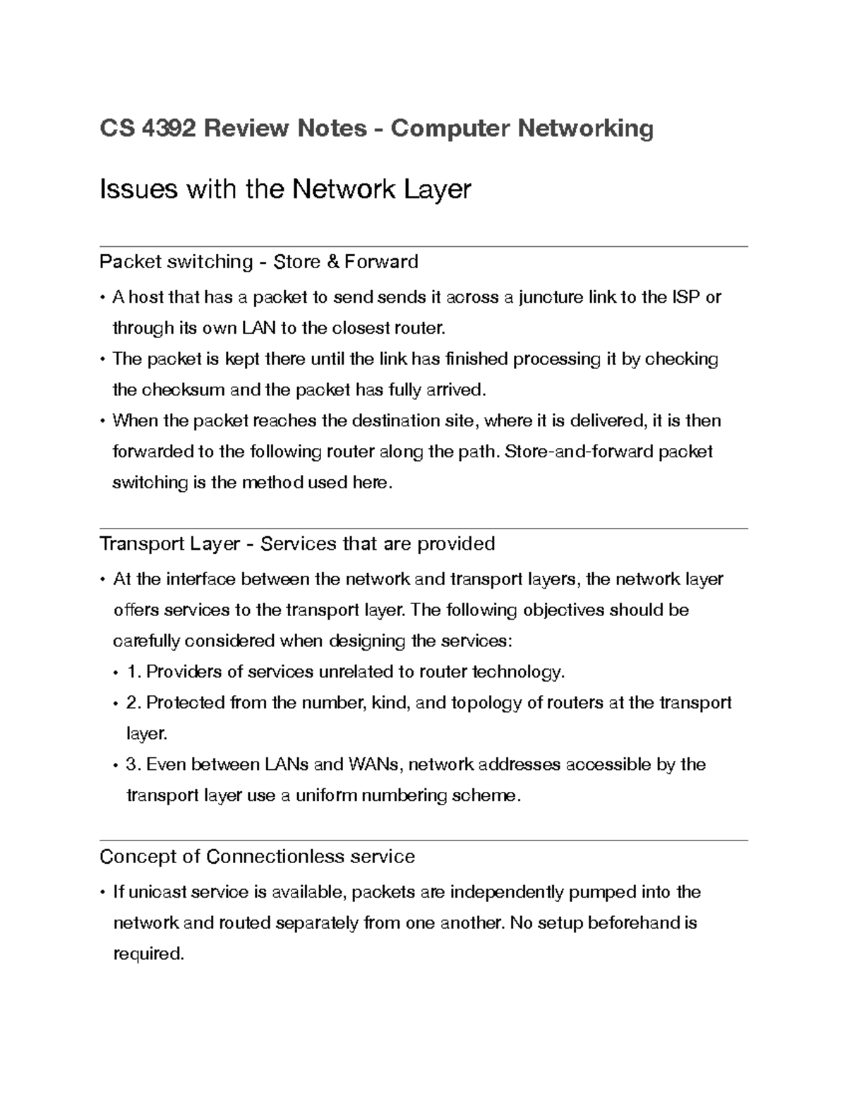 CS 4392 Notes Network Layer Issues CS 4392 Review Notes Computer
