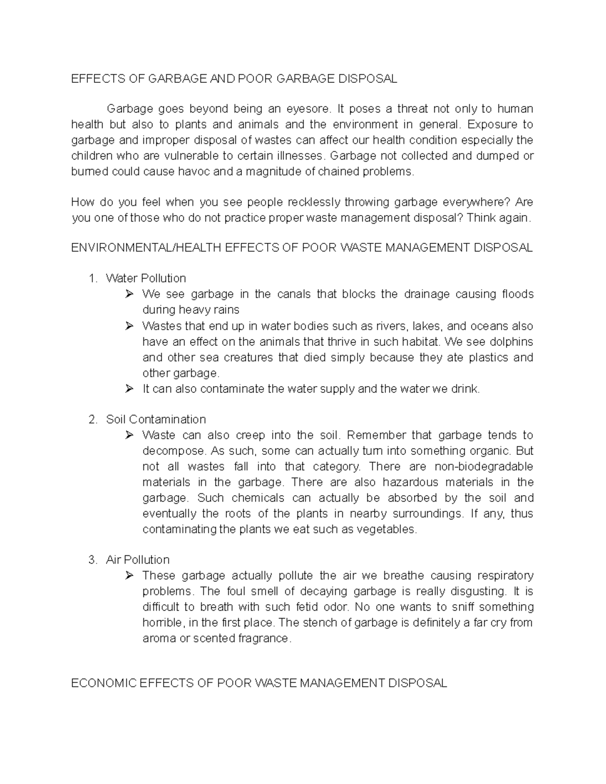 Effects OF Garbage AND POOR Garbage Disposal EFFECTS OF GARBAGE AND