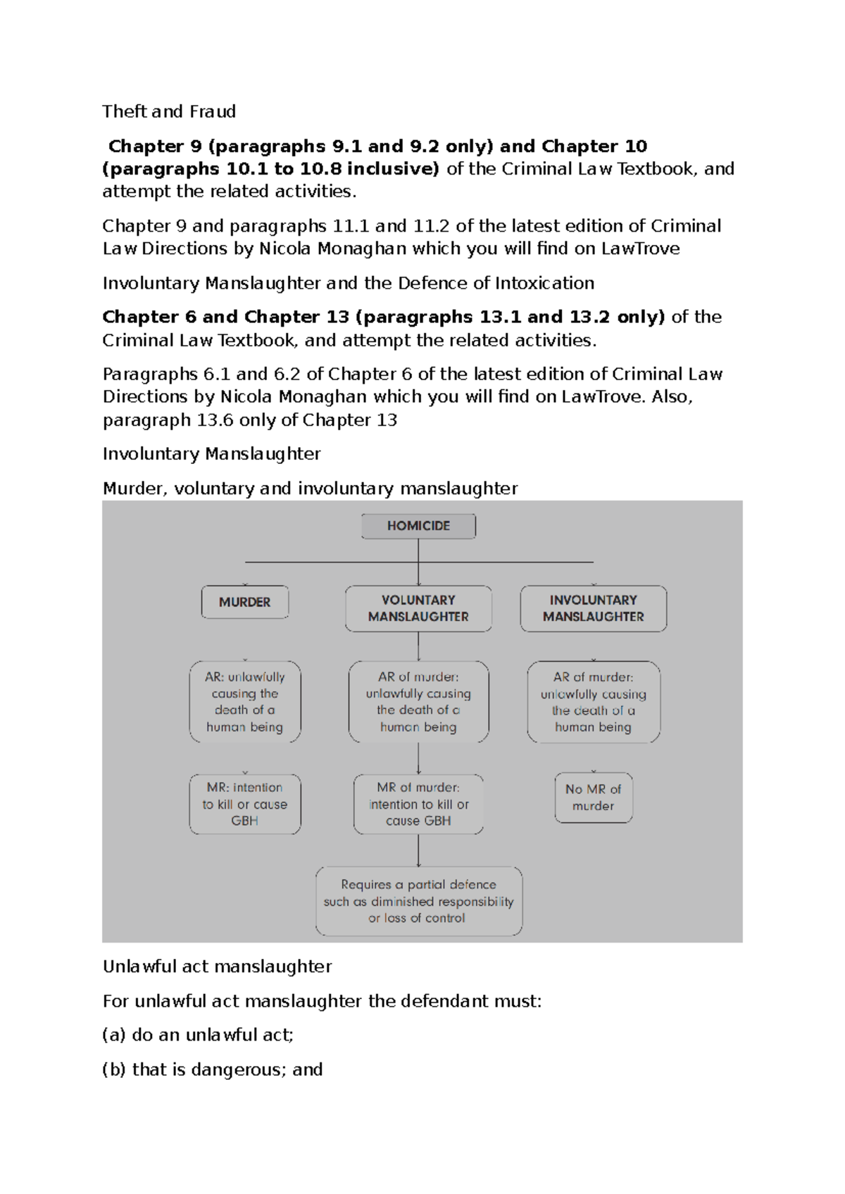 Unit 4 & 5 reading notes Criminal law Involuntary Manslaughter and the ...