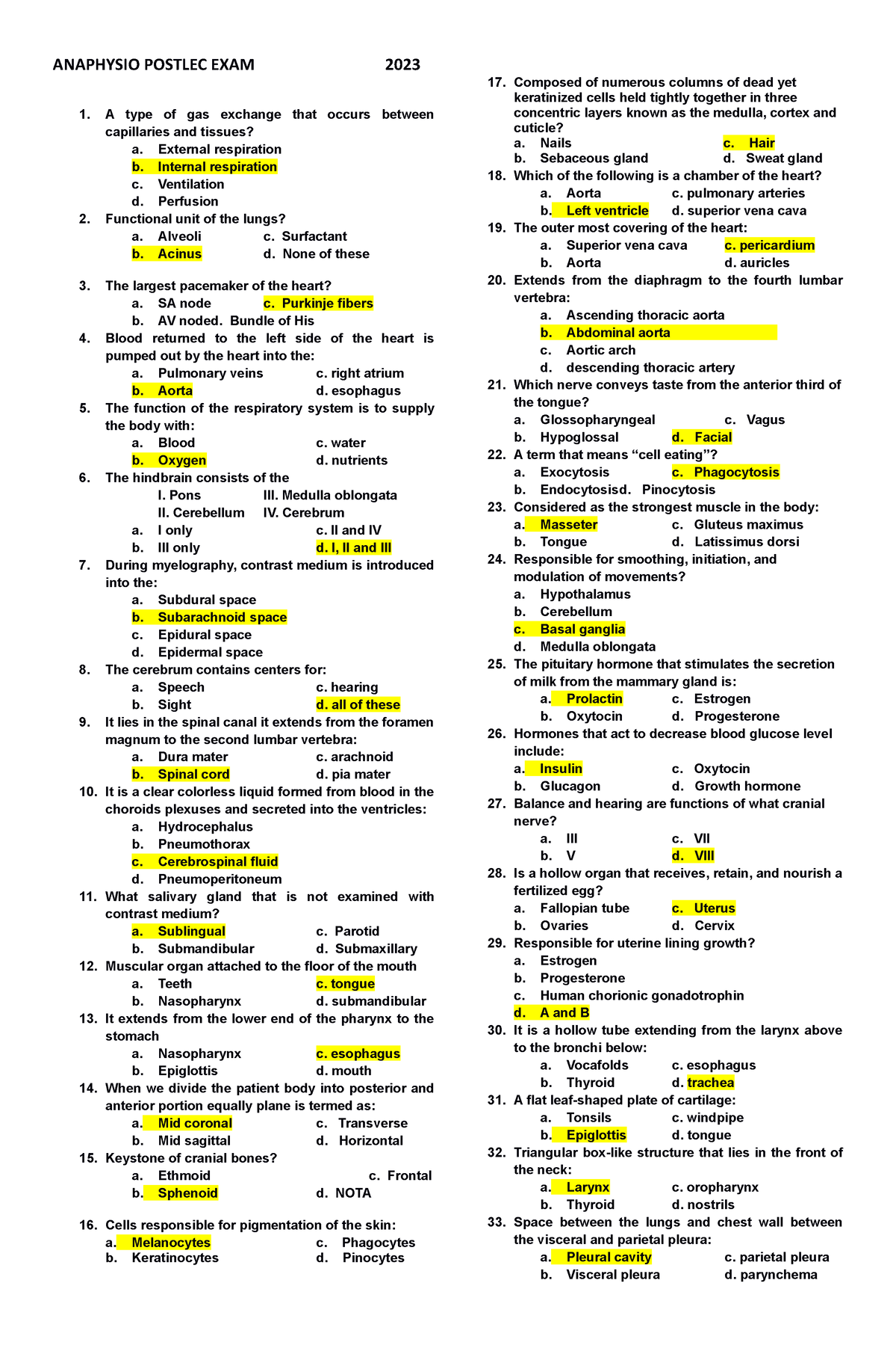 Anaphysio Post Test 100Q for Radtech 2023 - A type of gas exchange that ...