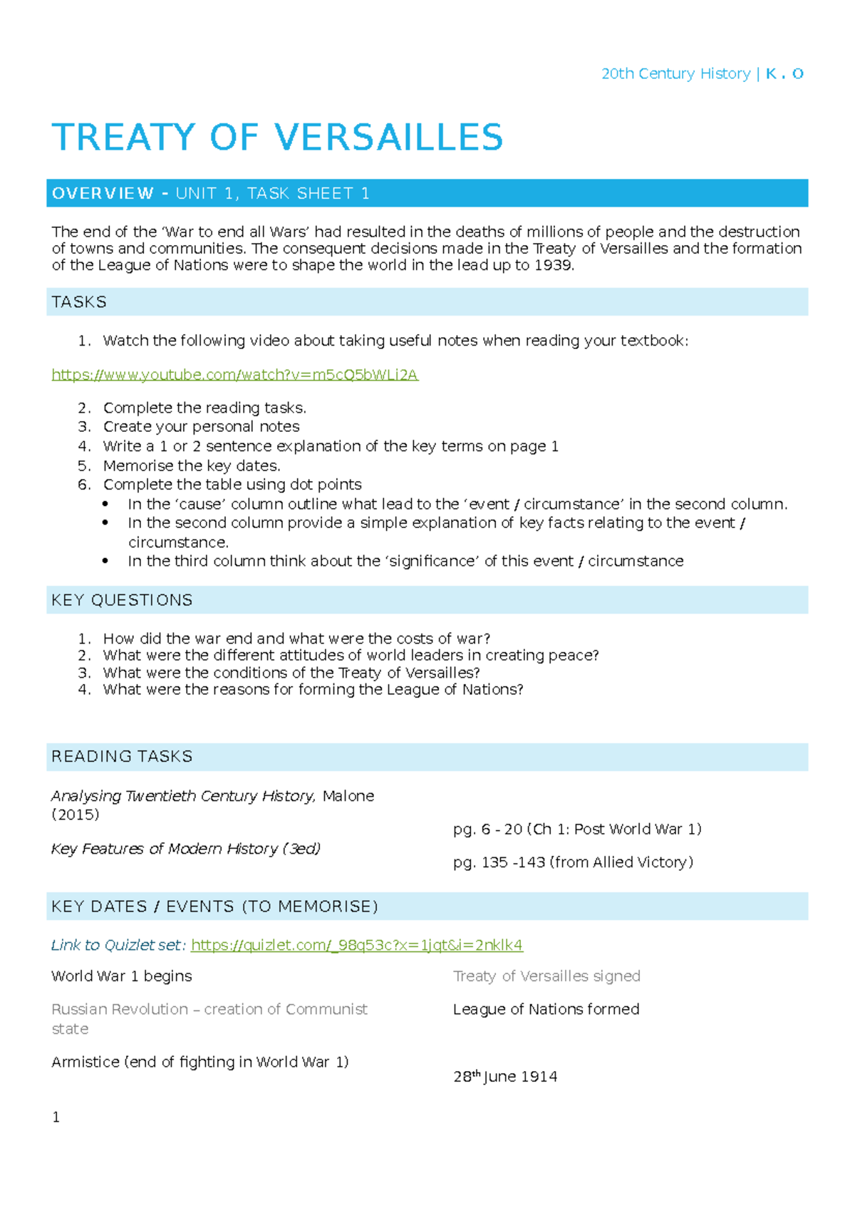 20th Century History, year 11 treaty of versailles - TREATY OF ...