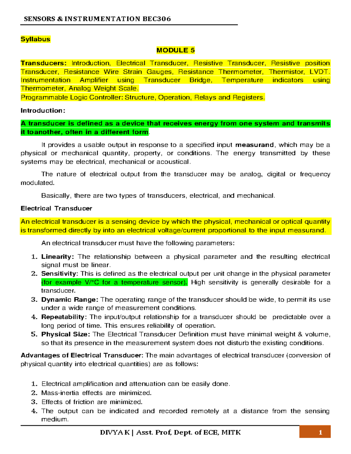 Module 5 Syllabus MODULE 5 Transducers Introduction, Electrical