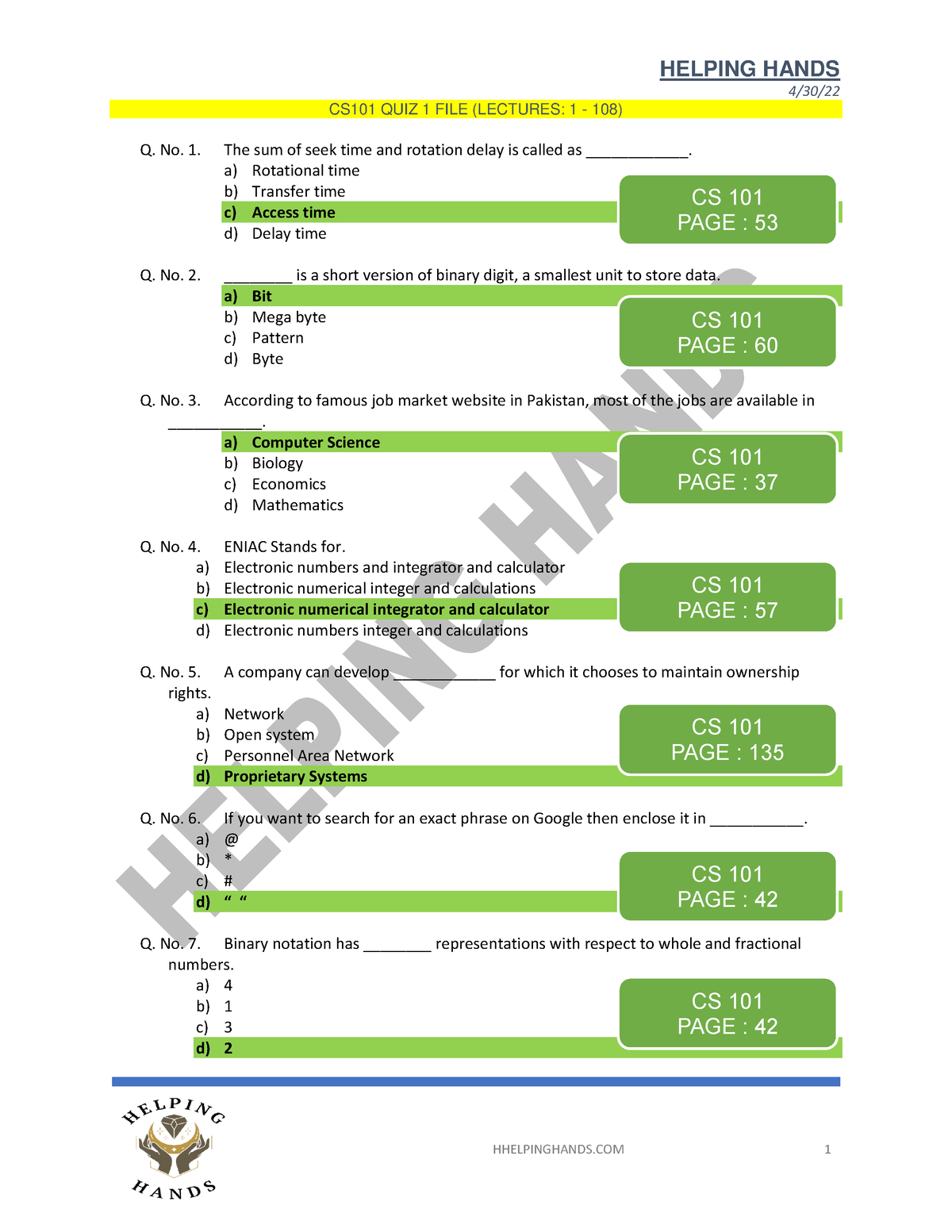 CS101 Midterm Solved MCQS By Asfand YARR - 4/30/ CS101 QUIZ 1 FILE ...