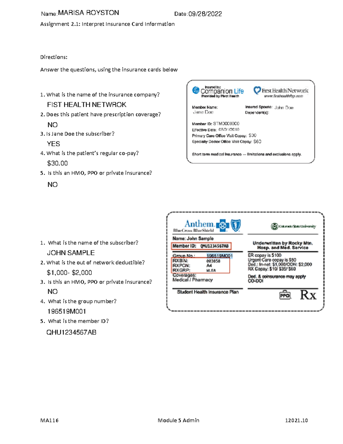 assignment 2.1 interpret insurance card information