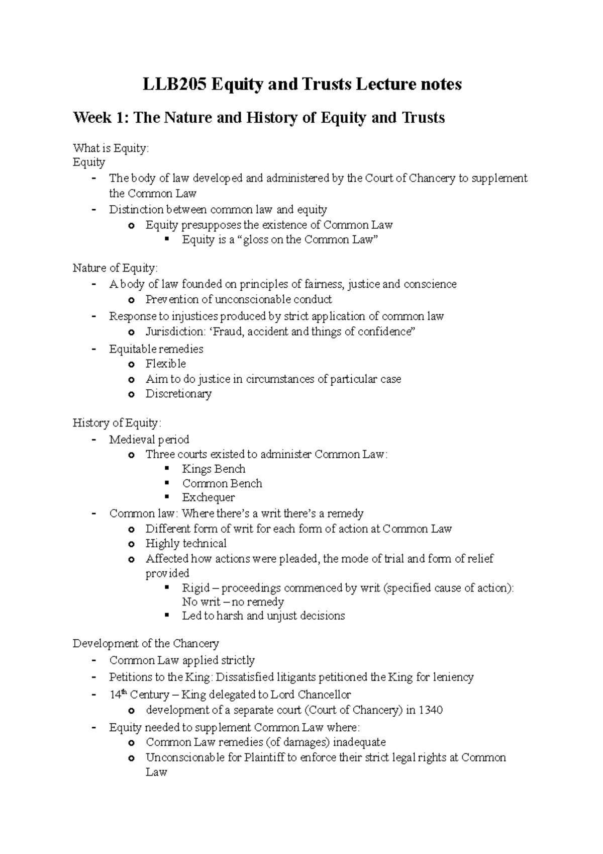 Lecture Notes - LLB205 Equity and Trusts Lecture notes Week 1: The ...