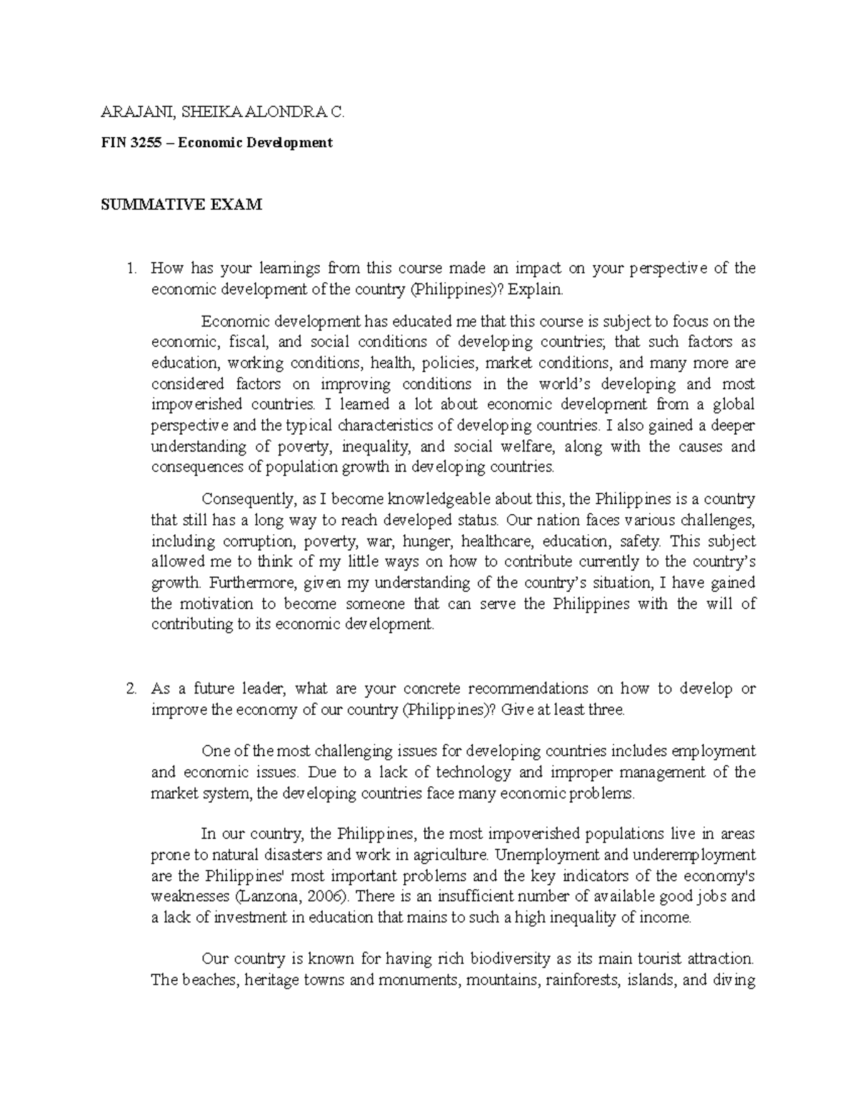 Economic Development Reflection - Development Economics - AdDU - Studocu