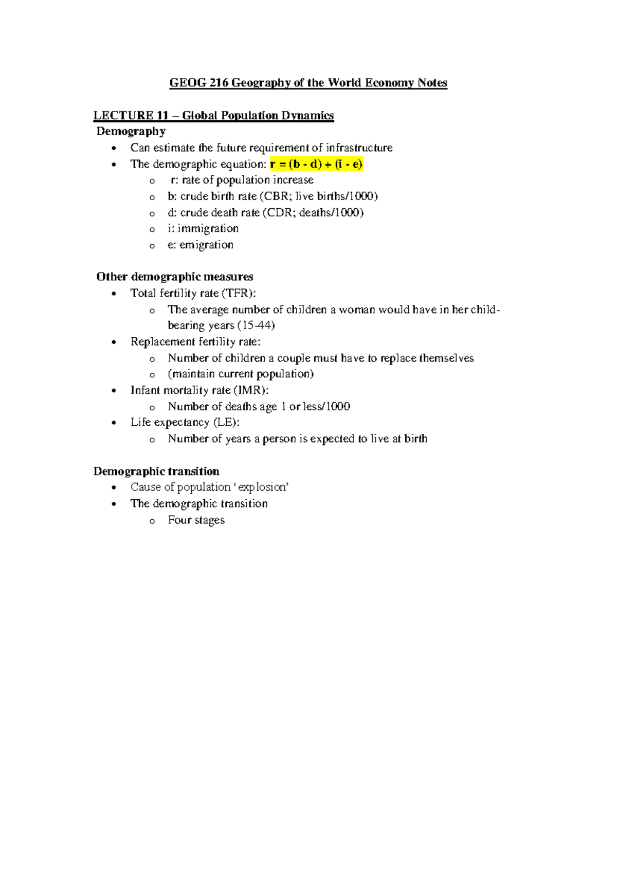 GEOG 216 Geography of the World Economy Notes - Therefore, the diagram ...