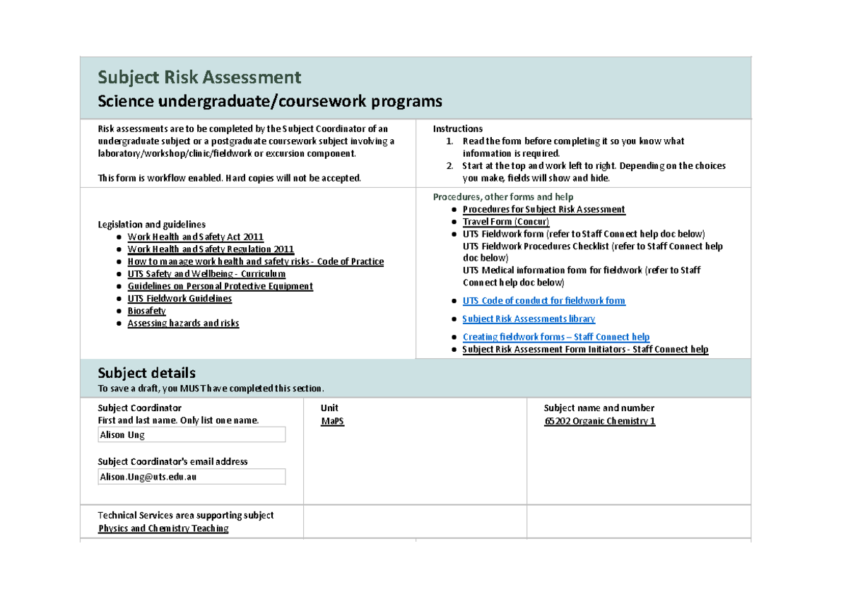 65202 Organic Chemistry 1 Subject Risk Assessment - Subject Risk ...