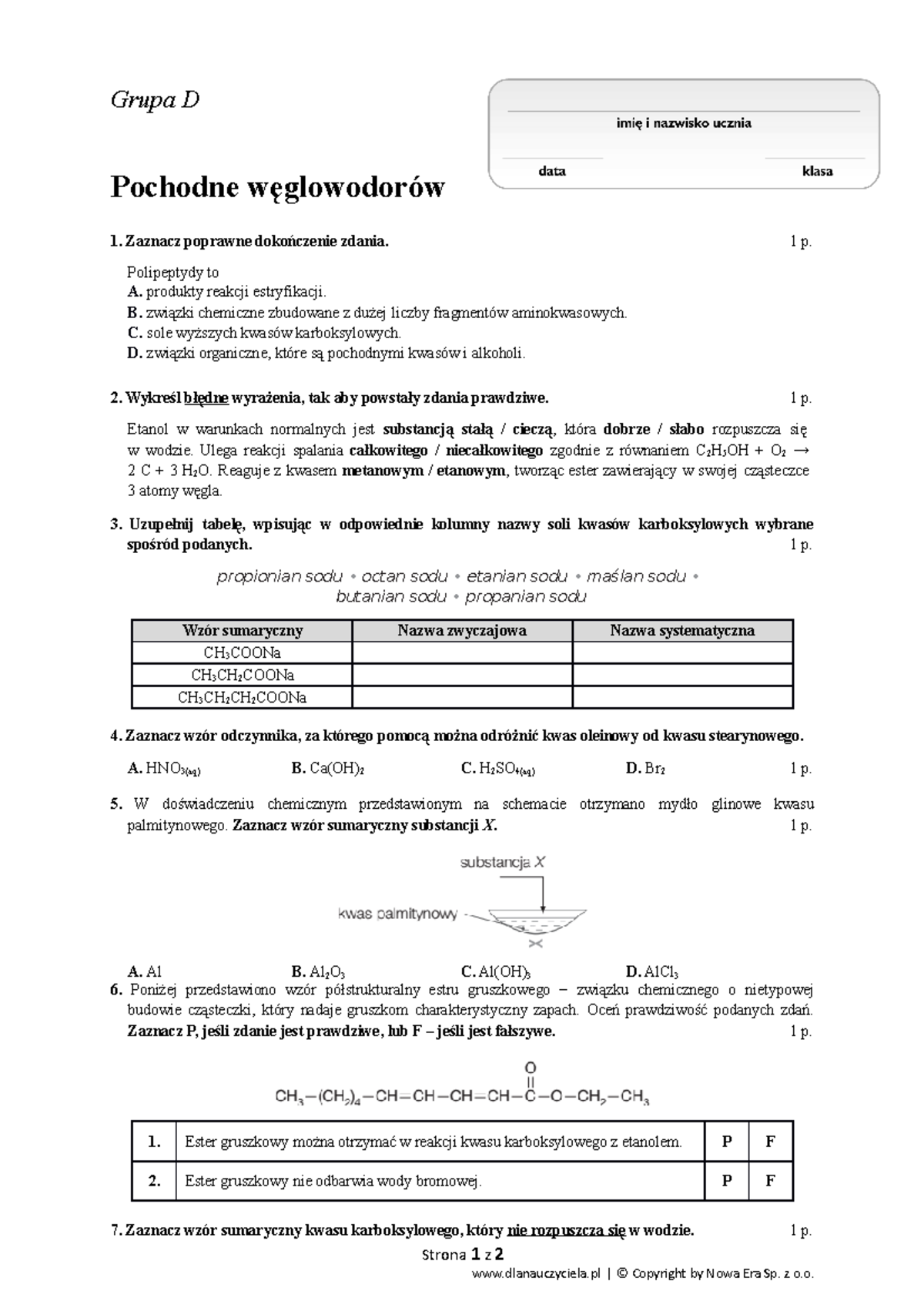 Sprawdzian 4 pochodne weglowodorow grupa d - Grupa D Pochodne