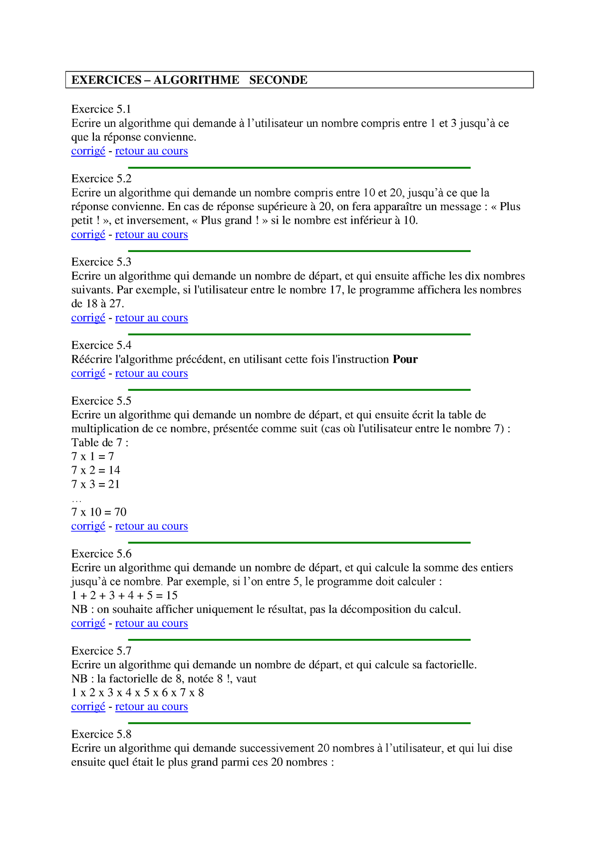 Exercices Corrigés Algorithme - EXERCICES – ALGORITHME SECONDE Exercice ...