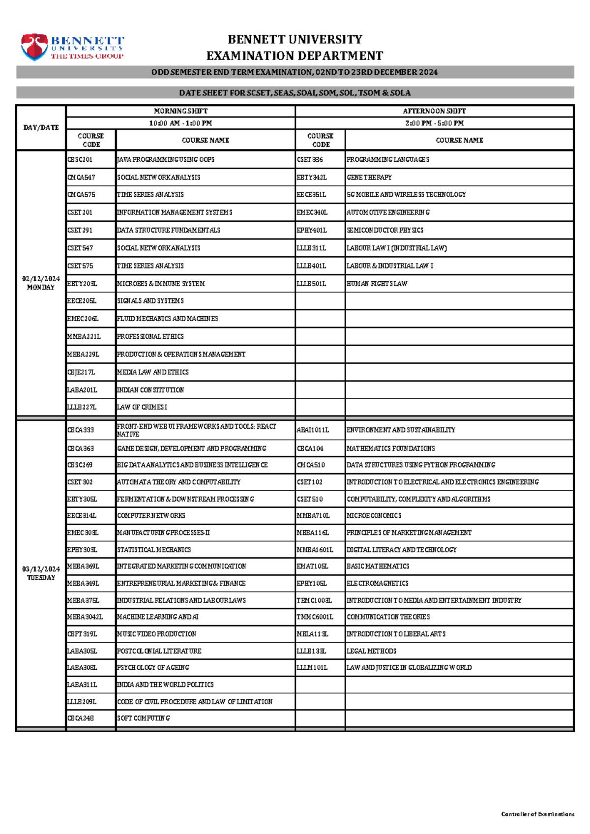 DATE Sheet FOR ODD Semester END TERM Examination December 2024 - COURSE ...
