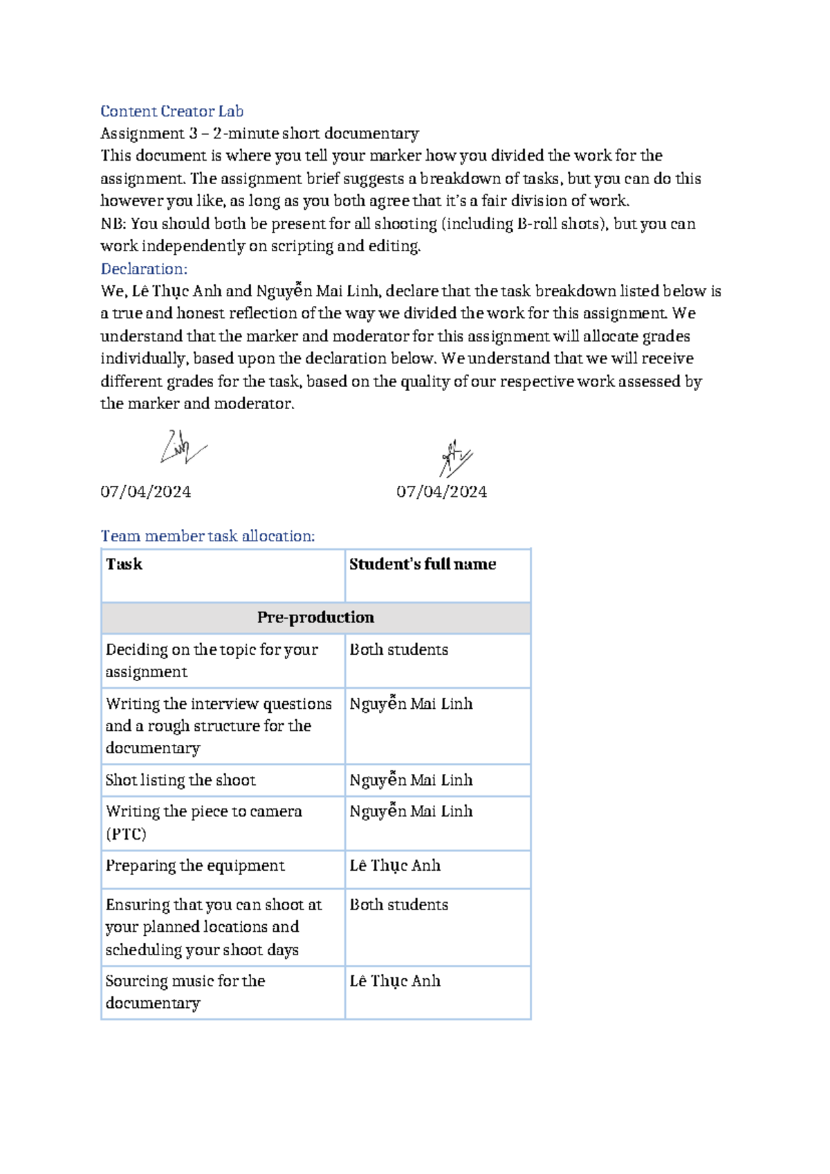 Team member tasks - Content Creator Lab Assignment 3 – 2-minute short ...