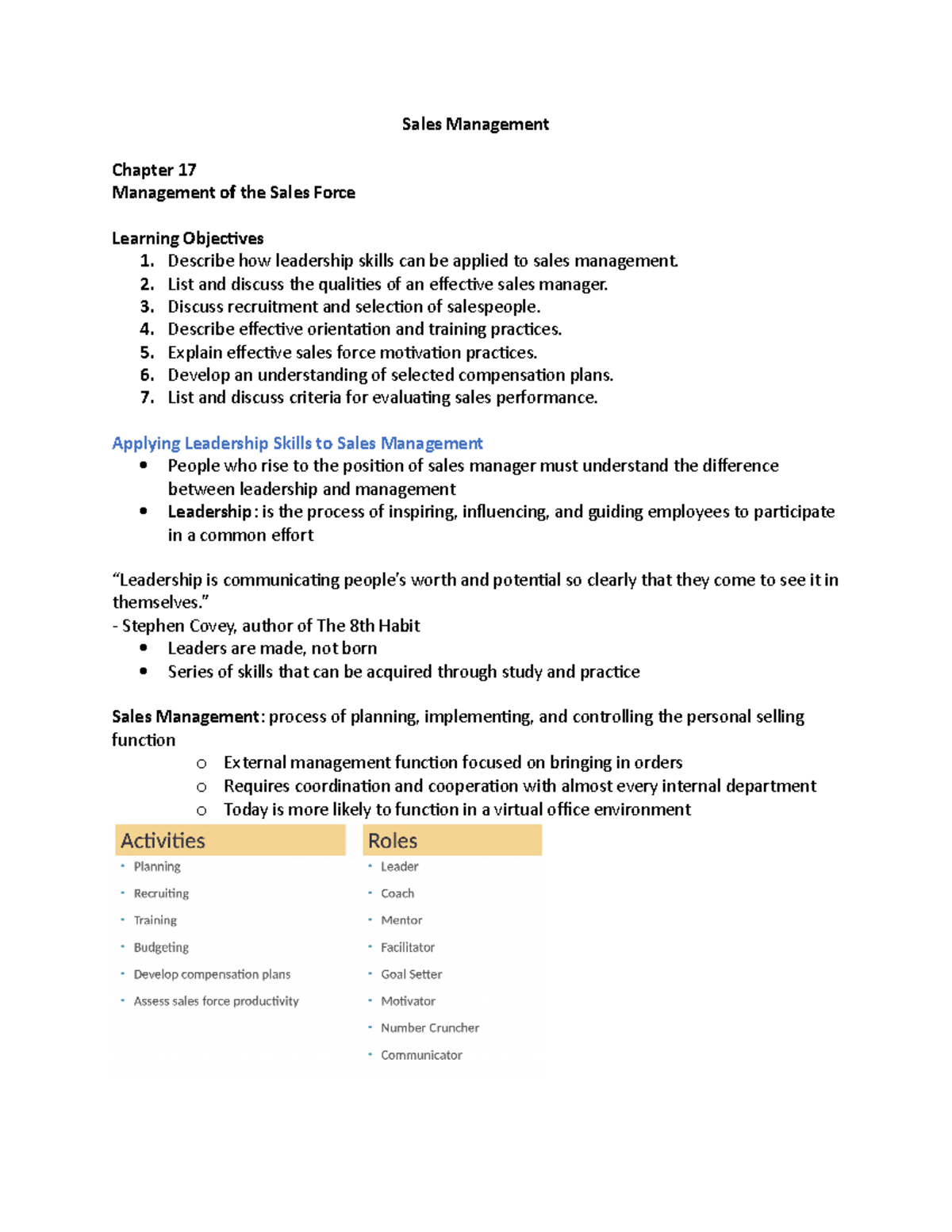 Sales Management Chapter 17 - Sales Management Chapter 17 Management of ...