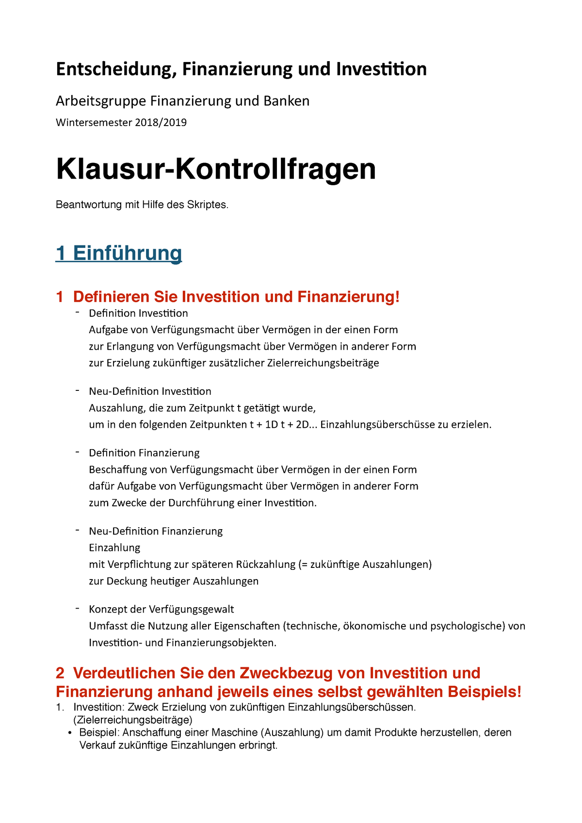 Kontrollfragen EFI - Zusammenfassung Entscheidung Finanzierung ...