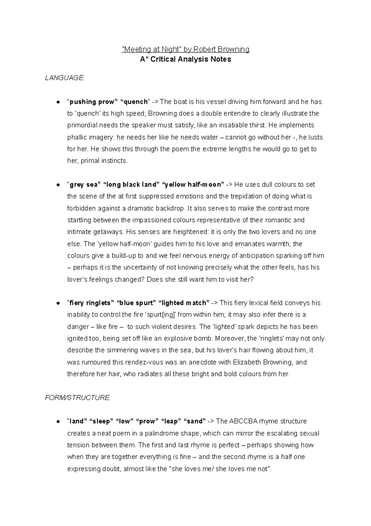 “Meeting at Night” A* Critical Analysis Notes “Meeting at Night” by