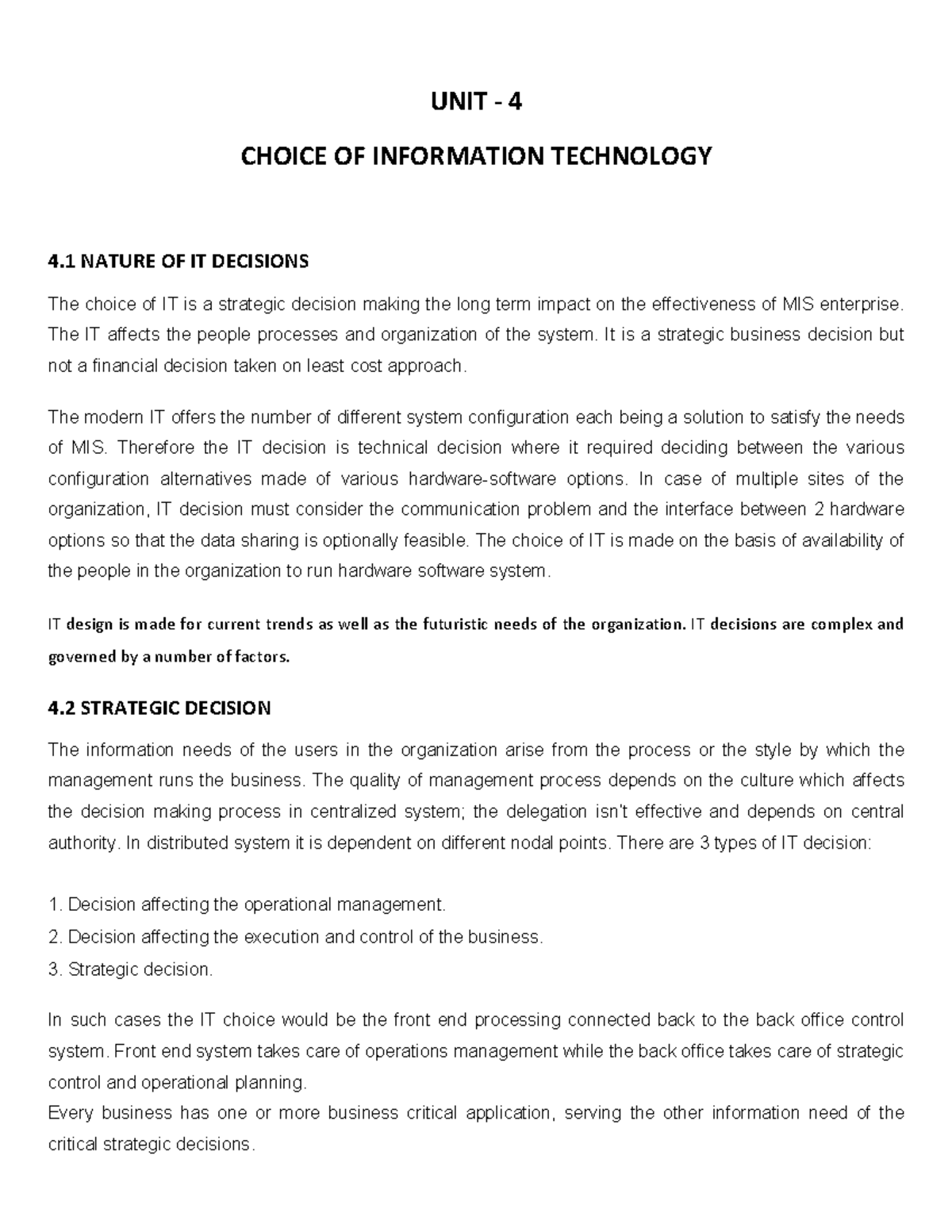 Lecture Notes MIS Unit 4 Choice of Information Technology - Warning: TT ...