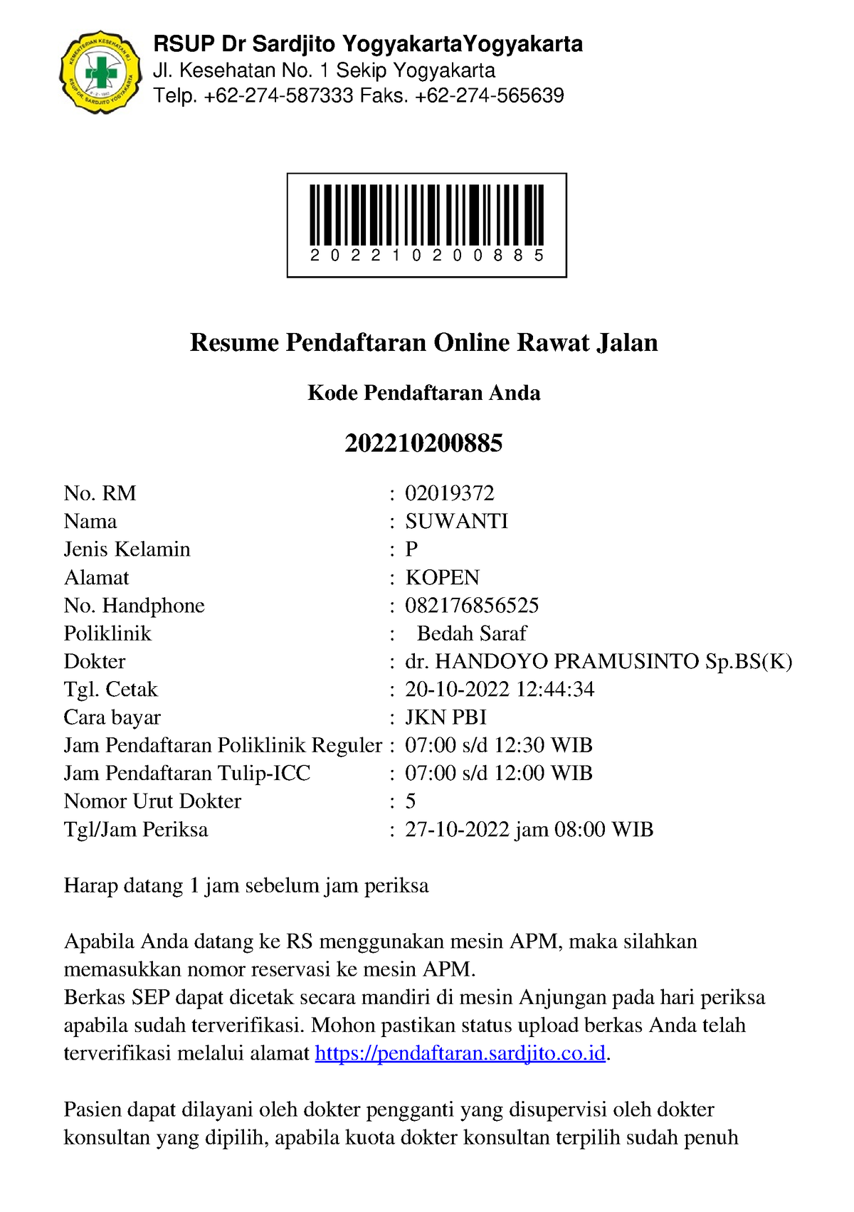 Bukti Reservasi 2022102008 85 - RSUP Dr Sardjito YogyakartaYogyakarta ...