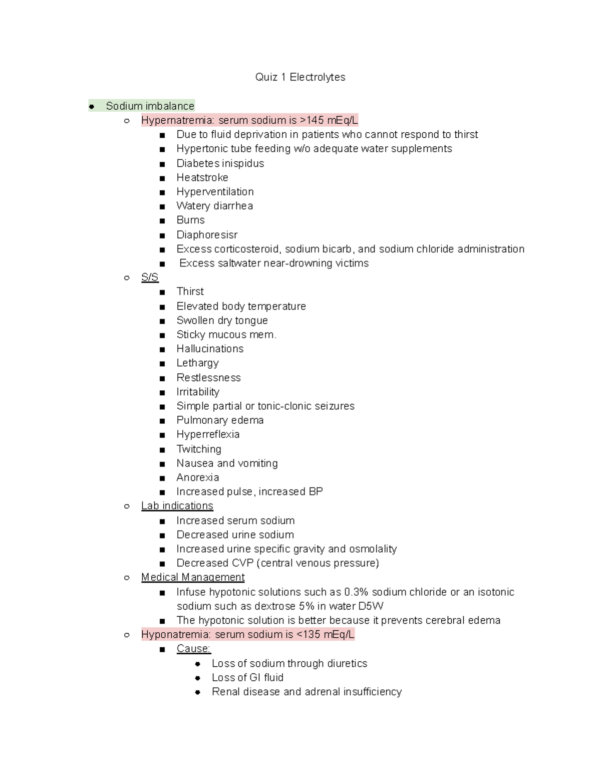 Quiz 1 Electrolytes Electrolyte Study Guide Quiz 1 Electrolytes