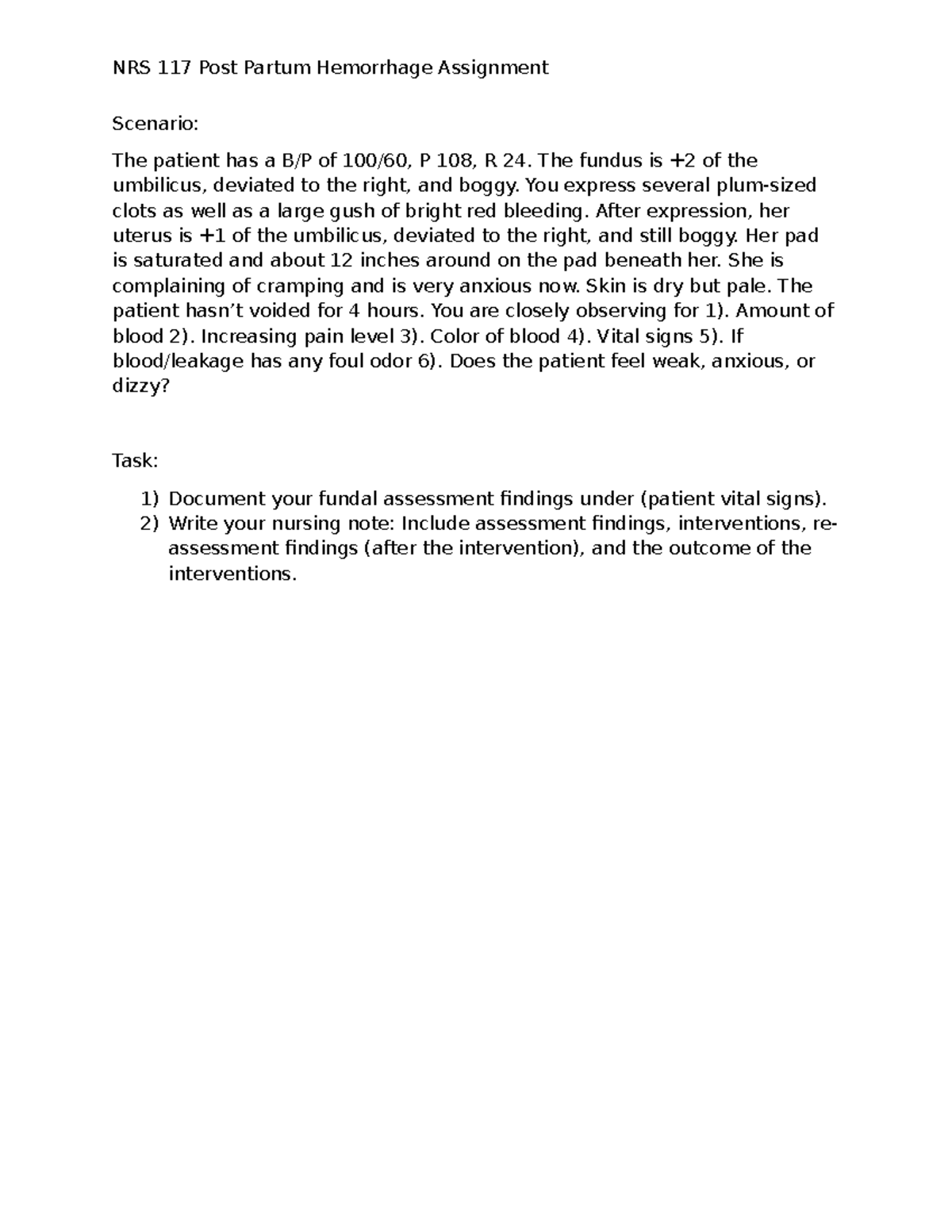 Postpartum Hemorrhage Assignment - NRS 117 Post Partum Hemorrhage ...