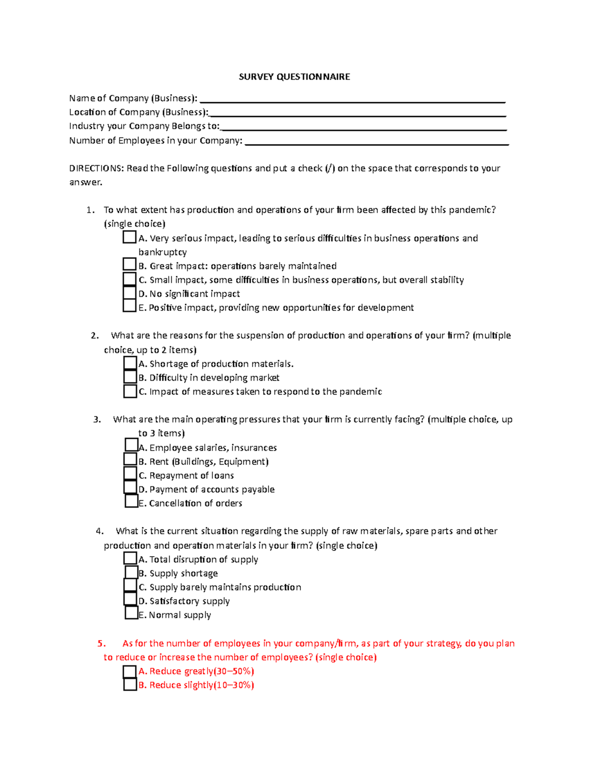 Survey- Questionnaire - SURVEY QUESTIONNAIRE Name of Company (Business ...