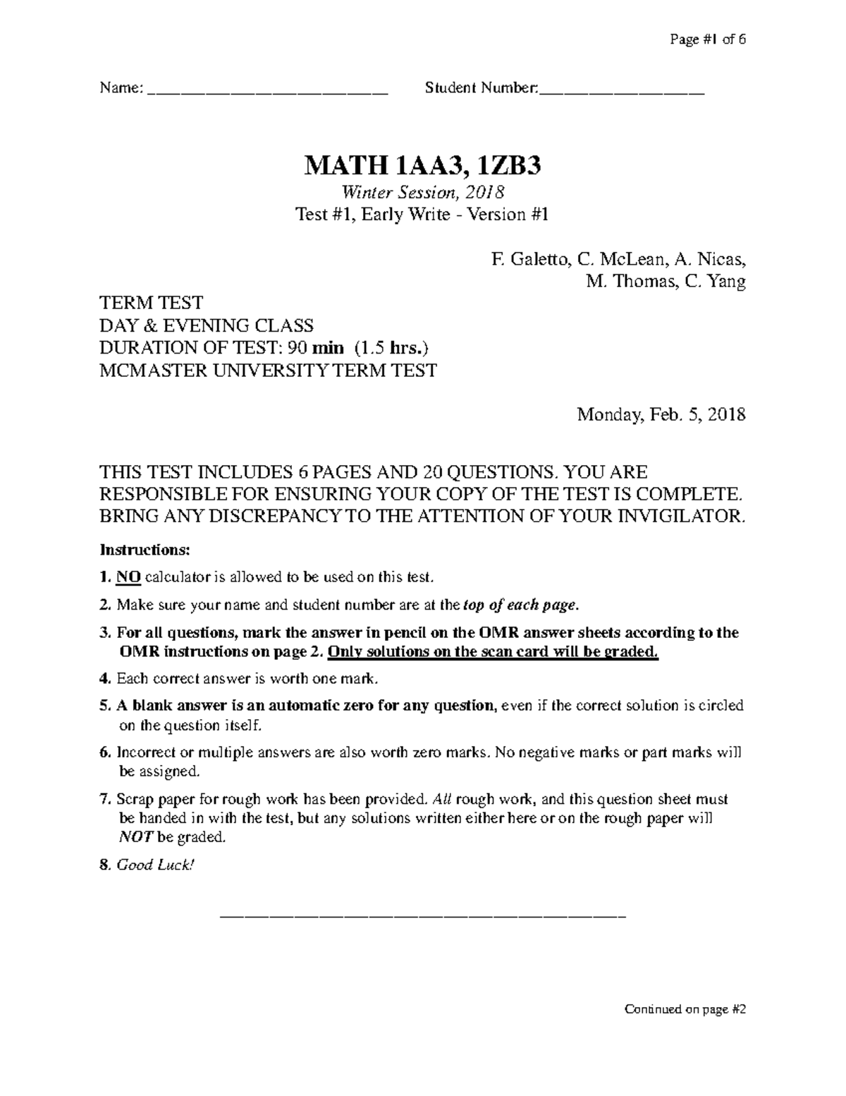 Winter 2018 Test - Name: _____________________________ Student Number