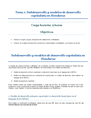 Tema 9 Subdesarrollo y modelos de desarrollo capitalista en Honduras -   Conocer los modelos de - Studocu