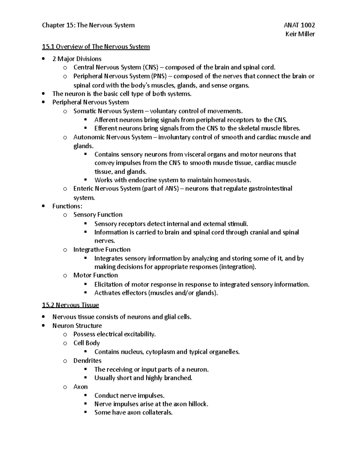 Chapter 15 - Nervous System - Keir Miller 15 Overview of The Nervous ...