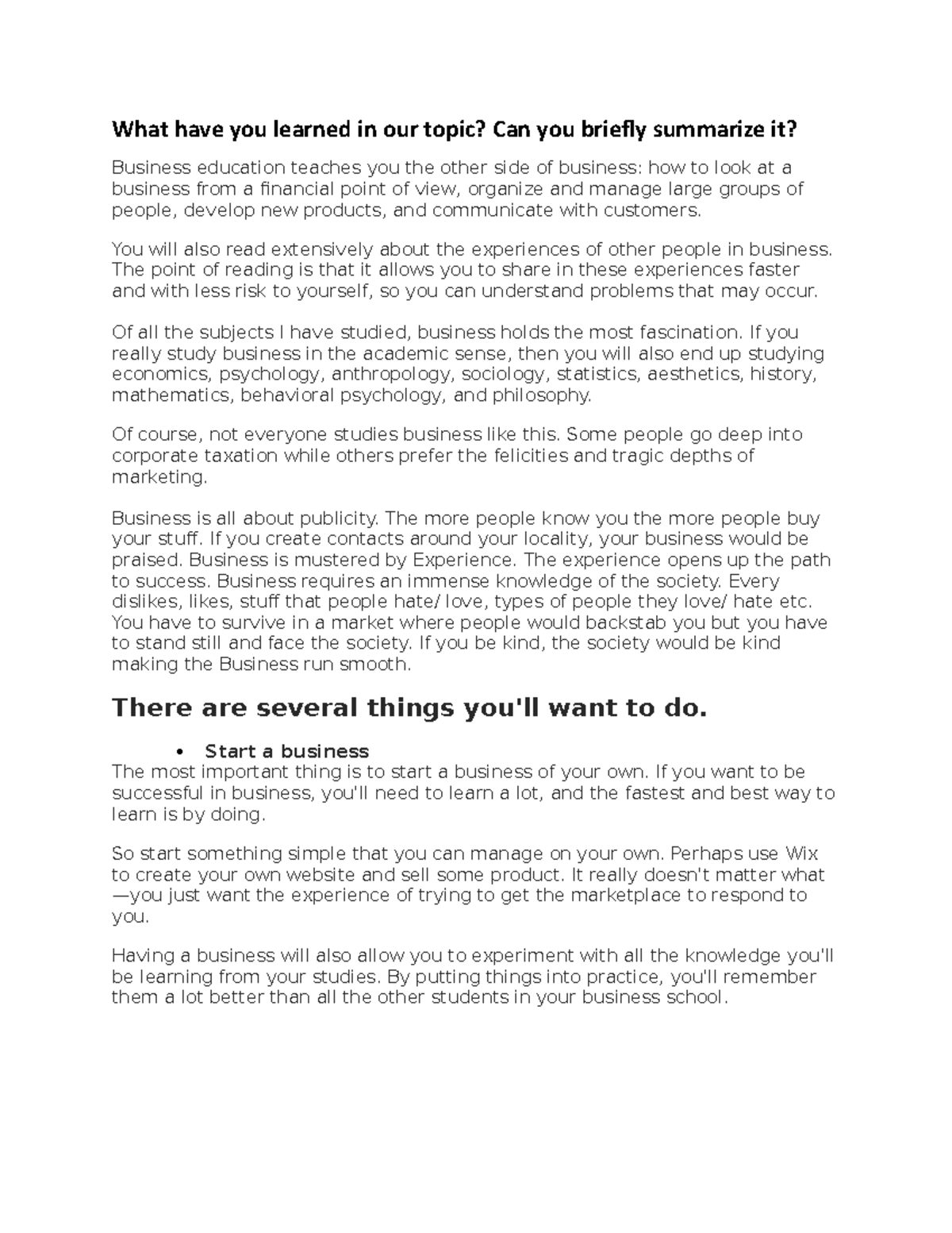 Business - What have you learned in our topic? Can you briefly ...