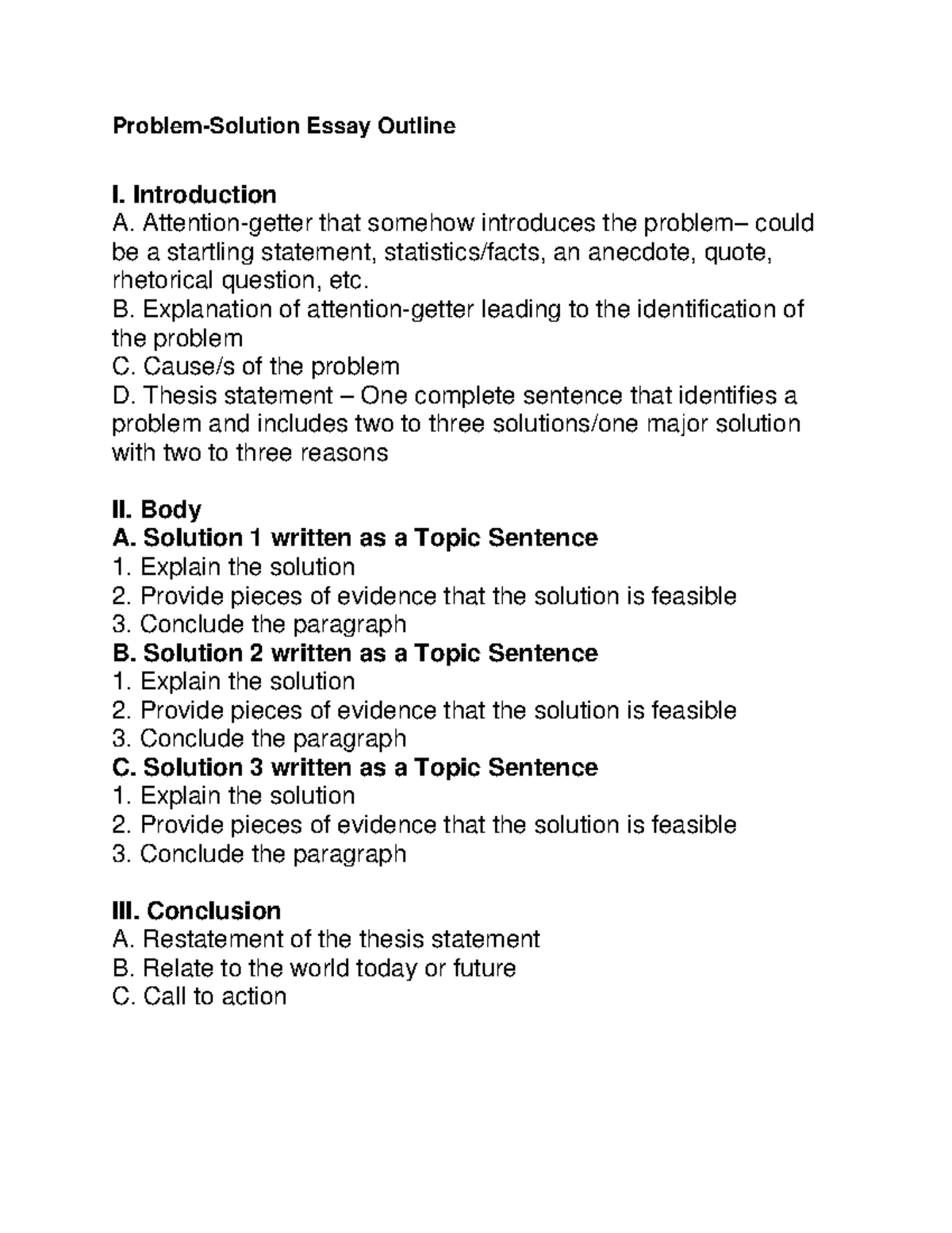 Problem-Solution Outline - Problem-Solution Essay Outline I ...