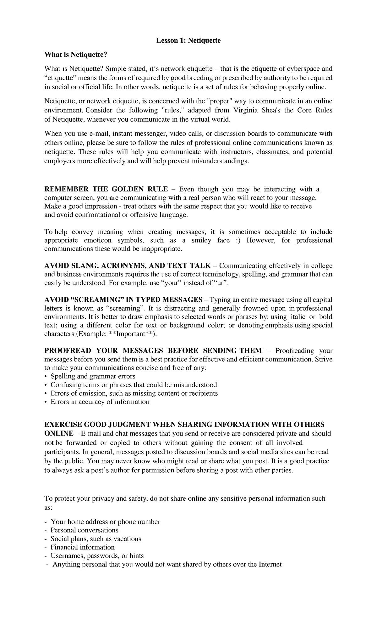 Netiquette or Computer Ethics Lesson 1 Netiquette What is Netiquette