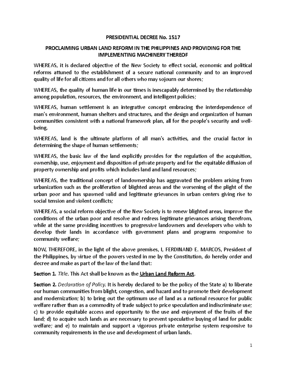 16 P.D. 1517 Urban Land Reform Act of 1978 PRESIDENTIAL DECREE No