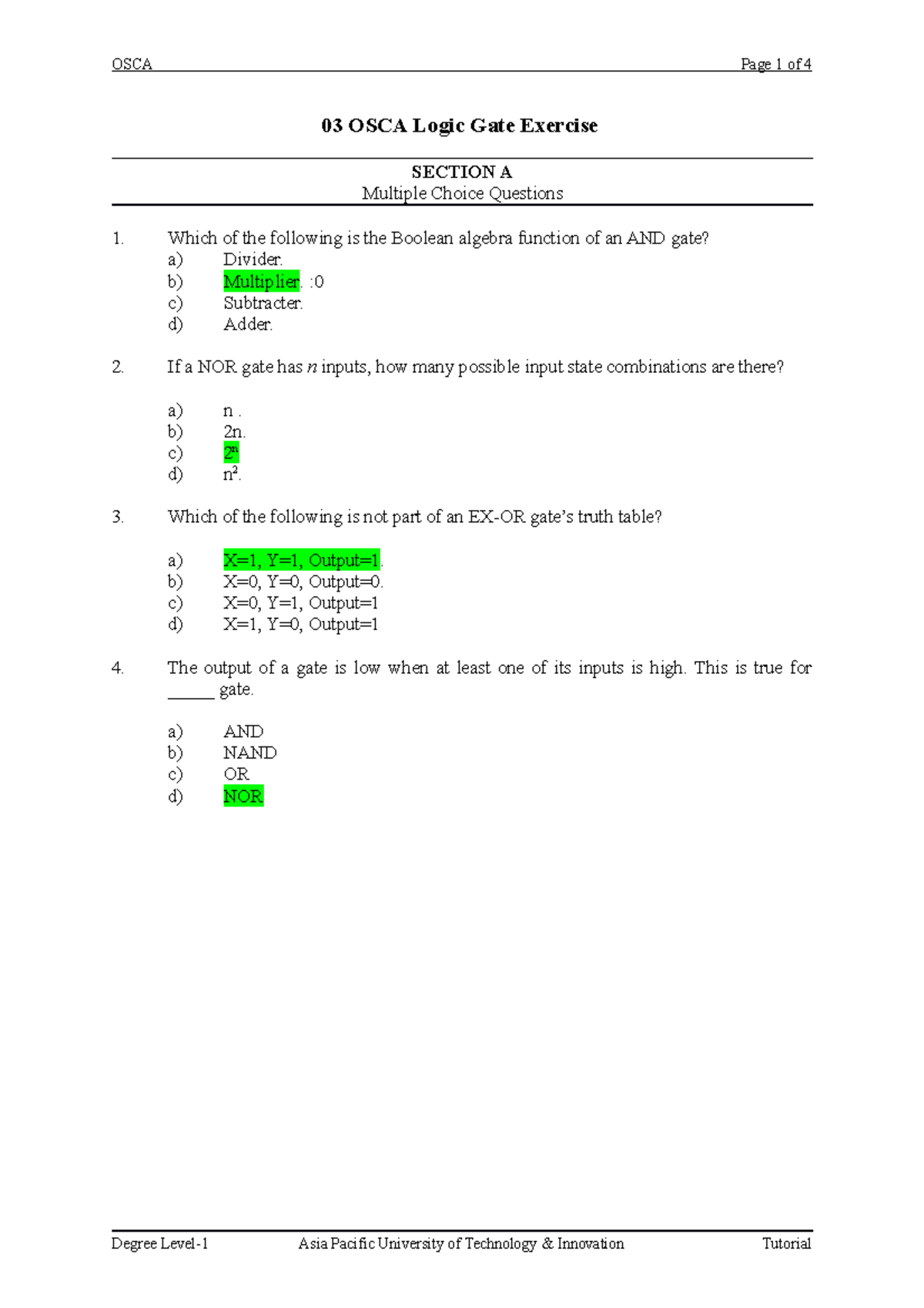 4. Logic Gates 03 OSCA Logic Gate Exercise SECTION A Multiple Choice