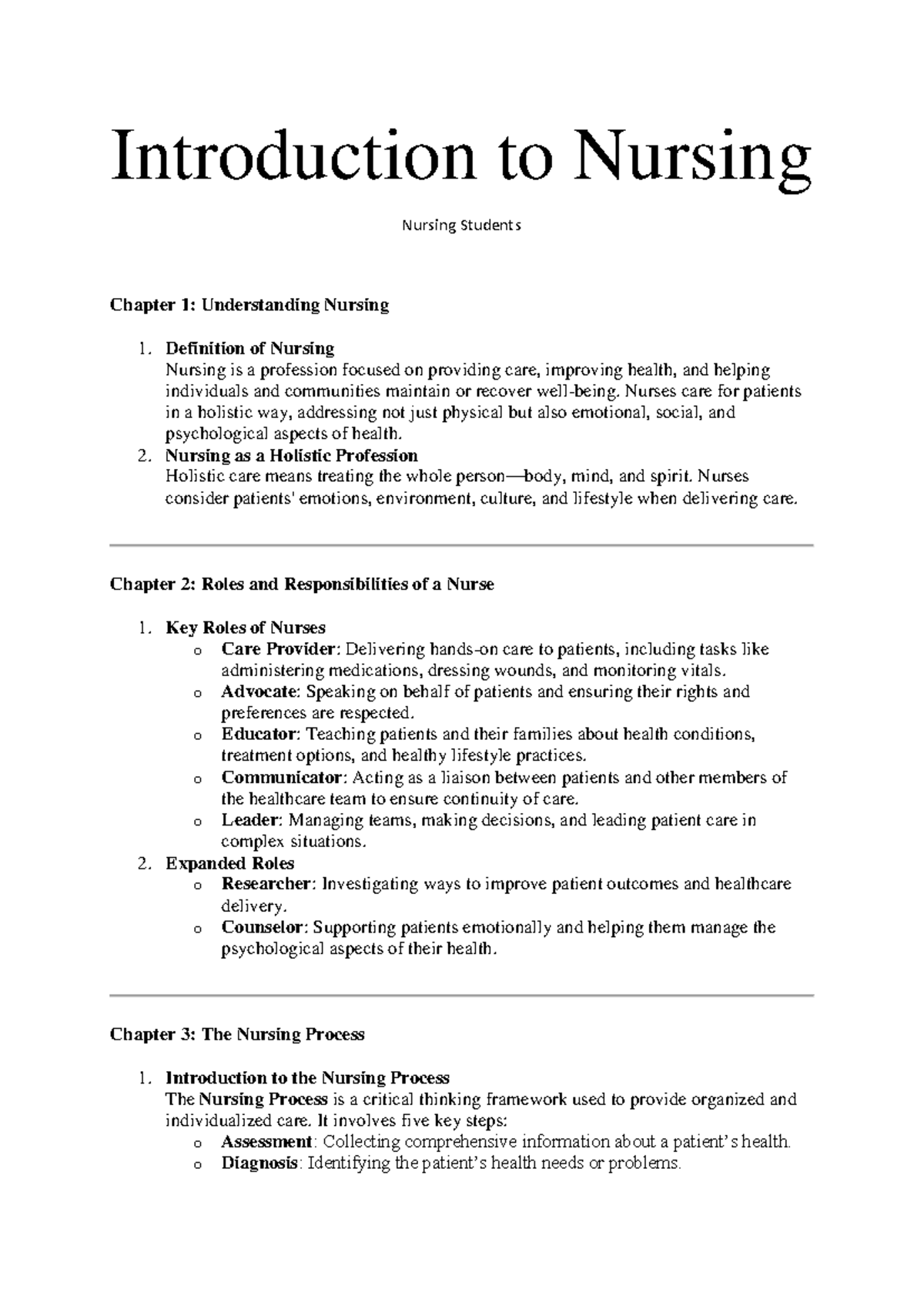 Class notes (Introduction to Nursing) - Introduction to Nursing Nursing ...
