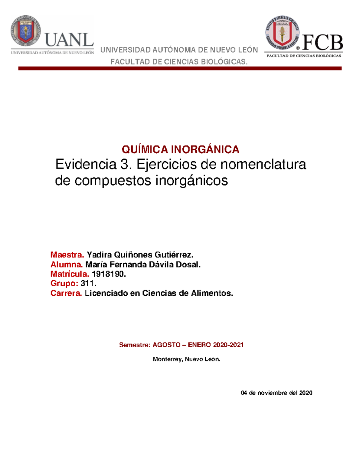 Evidencia 3 nomenclatura quimica inorgánica - Maestra. Yadira Quiñones ...