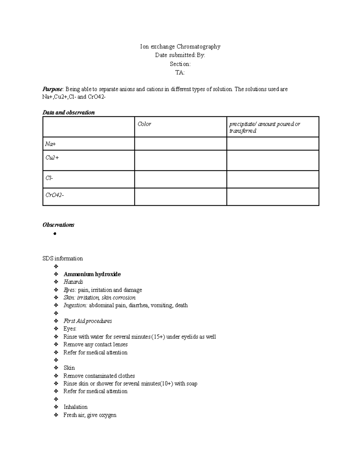 Typed pre-lab - pre-lab - Ion exchange Chromatography Date submitted:By ...
